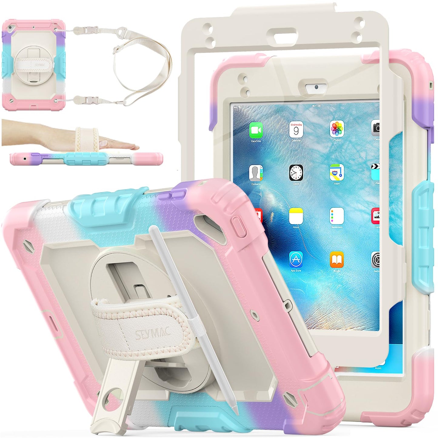 SEYMAC stock Case for iPad Mini 5th/4th Generation 7.9'', Full-body Protective Case with Screen Protector, Pencil Holder, 360? Rotating Stand & Hand