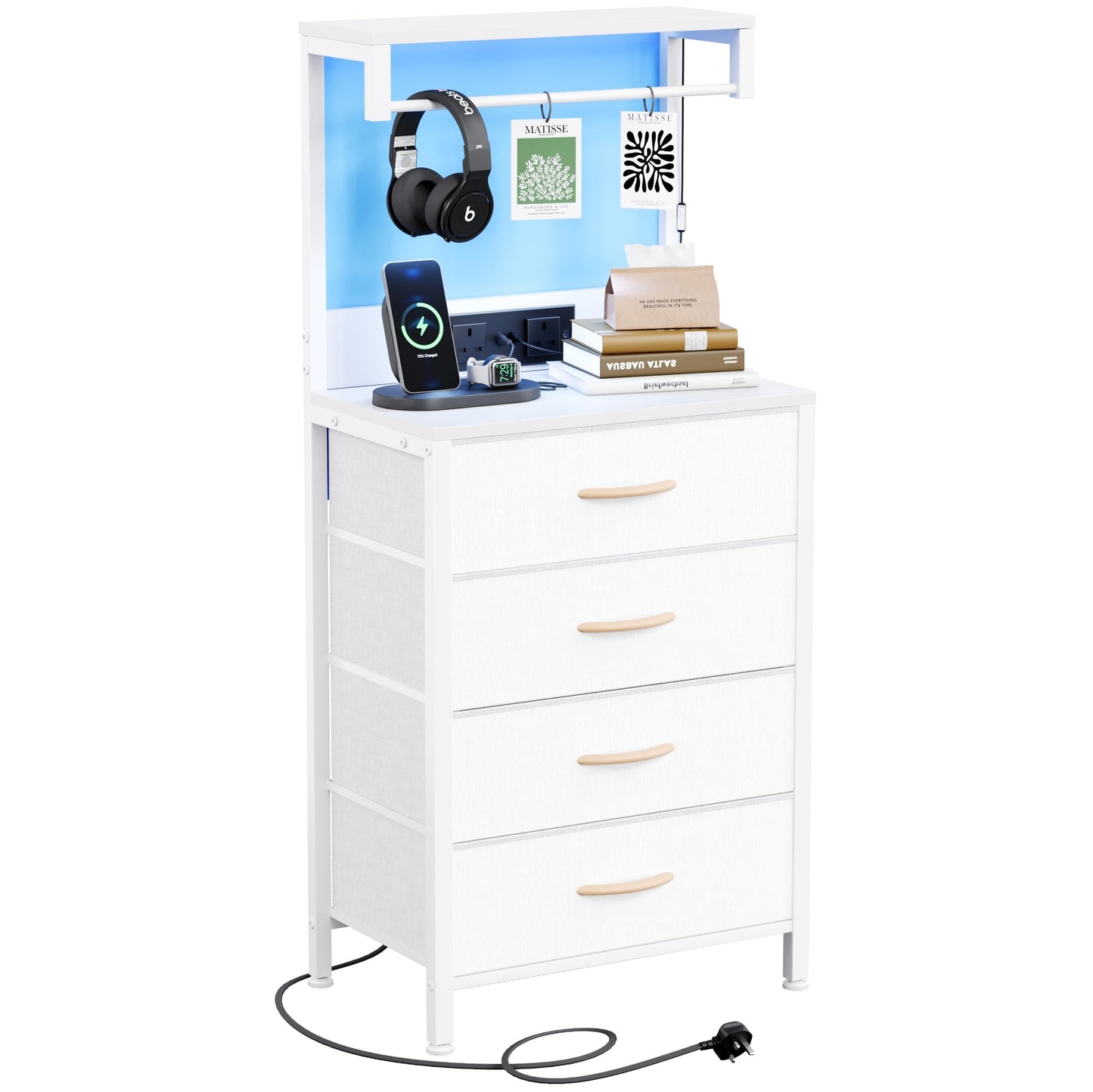 MUTUN Bedside Table with Charging Station, Bedside Cabinet with LED Light, Nightstand with Wood Shelf, 4 Fabric Drawers Side Table for Bedroom, White