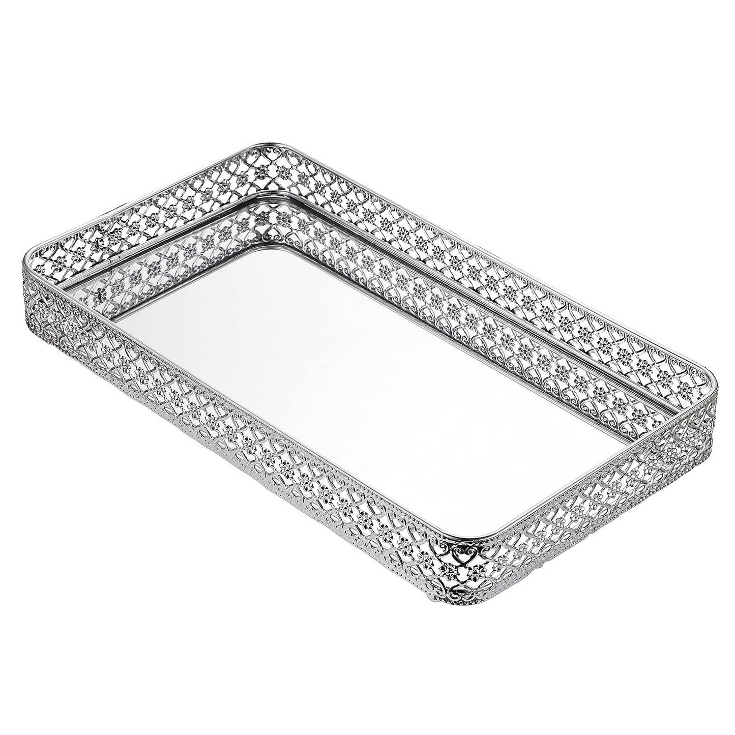 BSTKEY 35x20cm Vanity Mirror Tray Jewelry Trinket Tray, Decorative Tray for Cosmetic Makeup Dresser Bathroom Bedroom Countertop Organizer, Silver