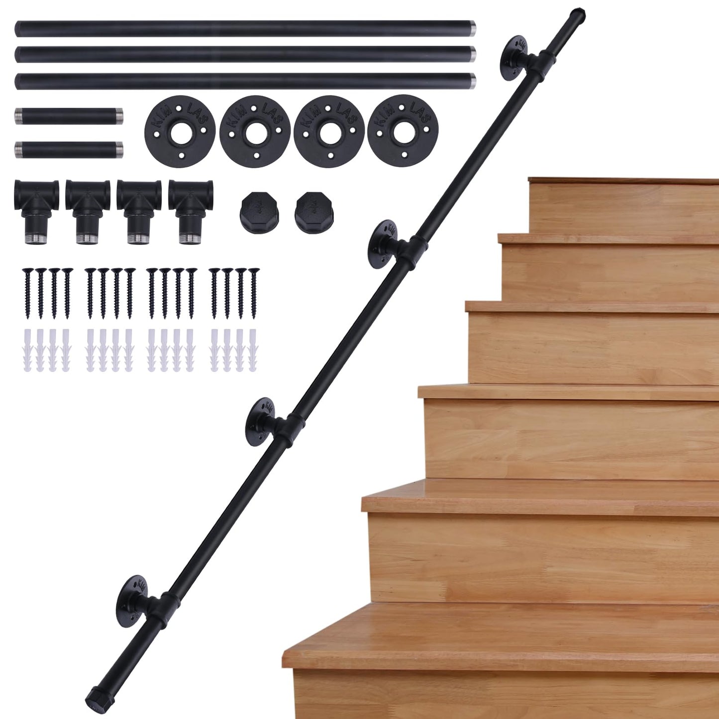 AMLOOPH Banister Handrails For Stairs, 3m Hand Rails Stairs, Black Bannister Rail For Stairs Handrail, Wall Mounted Stair Banister Hand Rails With