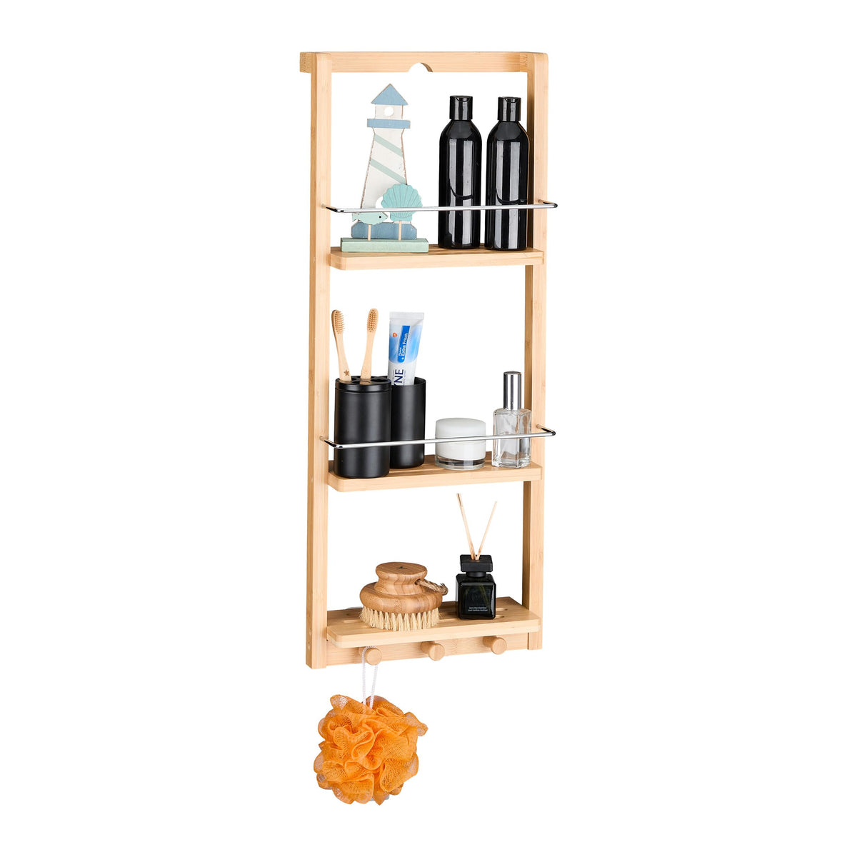 Relaxdays Wall-Mounted Bathroom Rack, With 3 Shelves And 3 Hooks, Bamboo, Includes Rail, Natural Brown