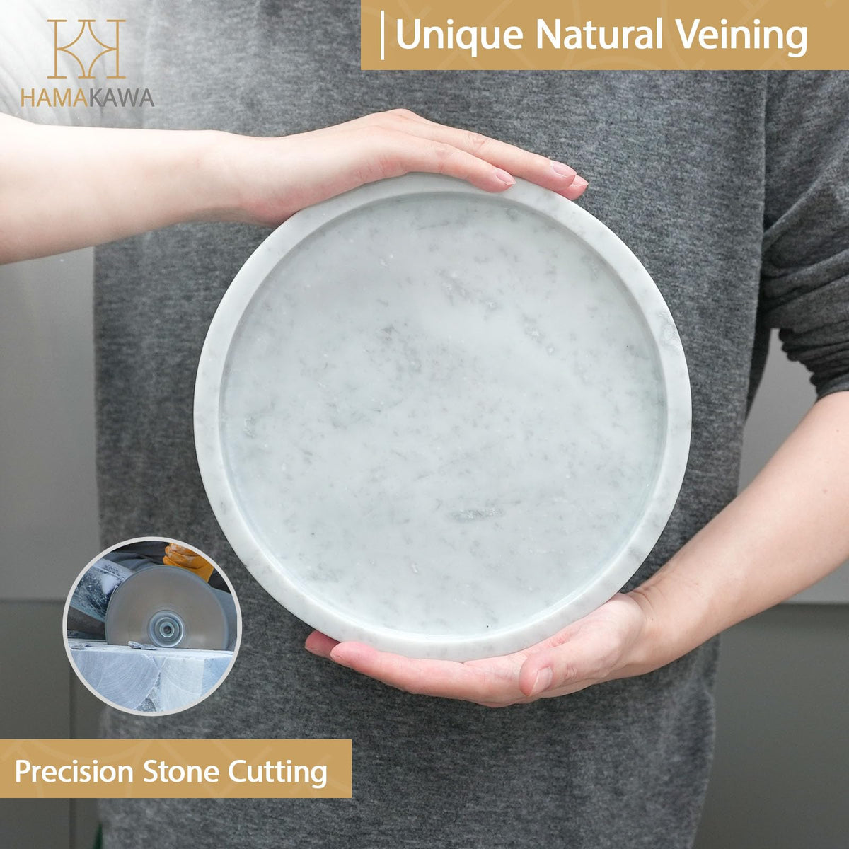 HAMAKAWA Natural Marble Bathroom Vanity Tray, Large Round Tray 24cm / 9.5 inch, Carrara White Limestone Dresser Tray