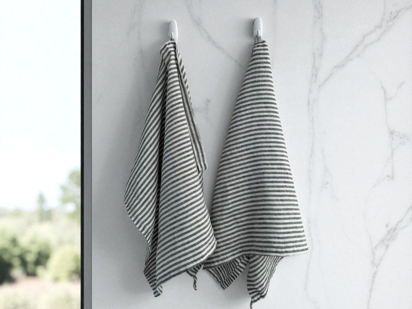 Eight Owls Stonewashed Linen Kitchen Dish Towels – 50 x 68 cm – 100% Pure Linen Tea Towel/Hand Towel - set of 2 (Charcoal Stripe)