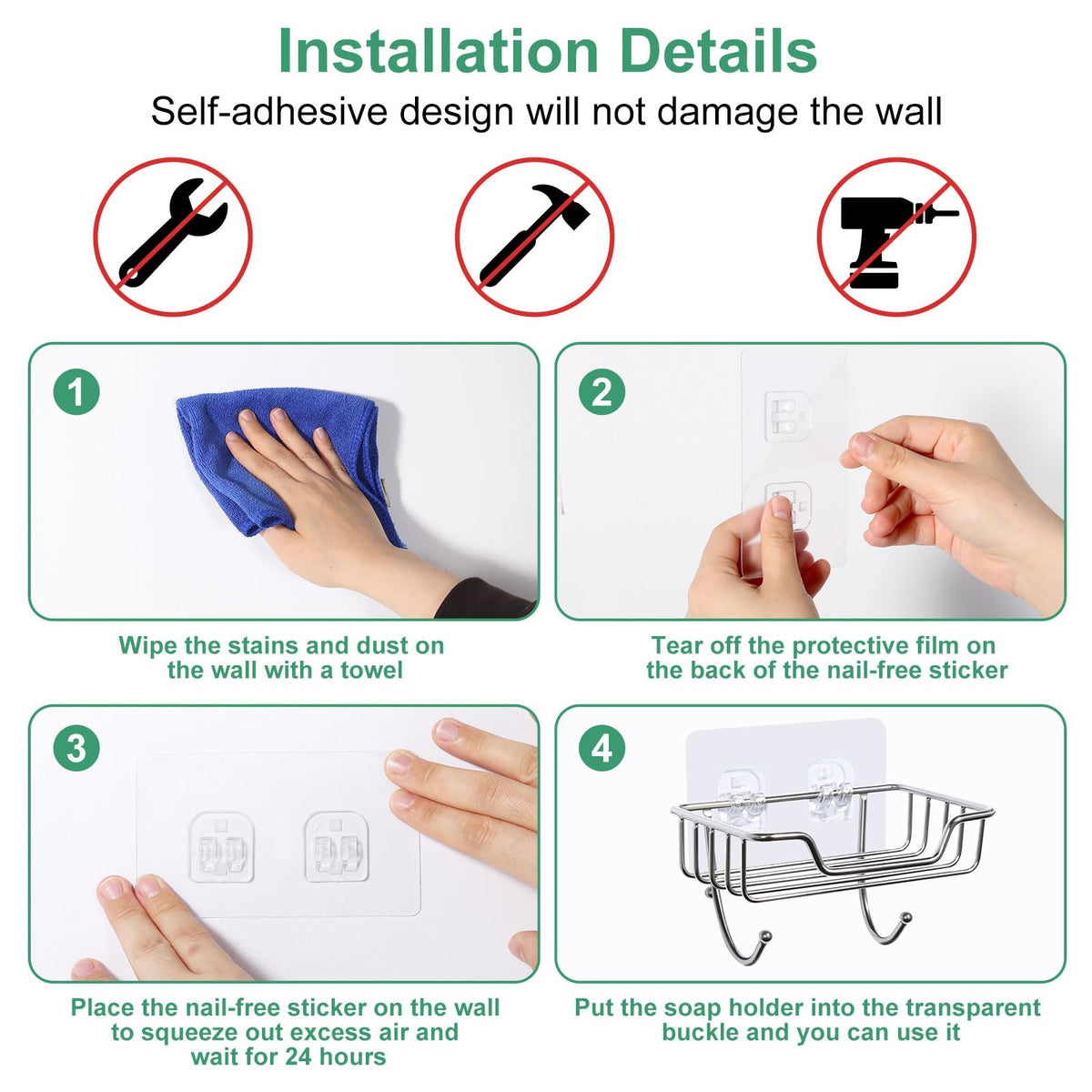 Uten 2 Pcs Strong Self Adhesive Soap Dish, Stainless Steel Soap Holder with Hook No Drilling, Wall Mounted Soap Tray for Shower Bathroom Kitchen