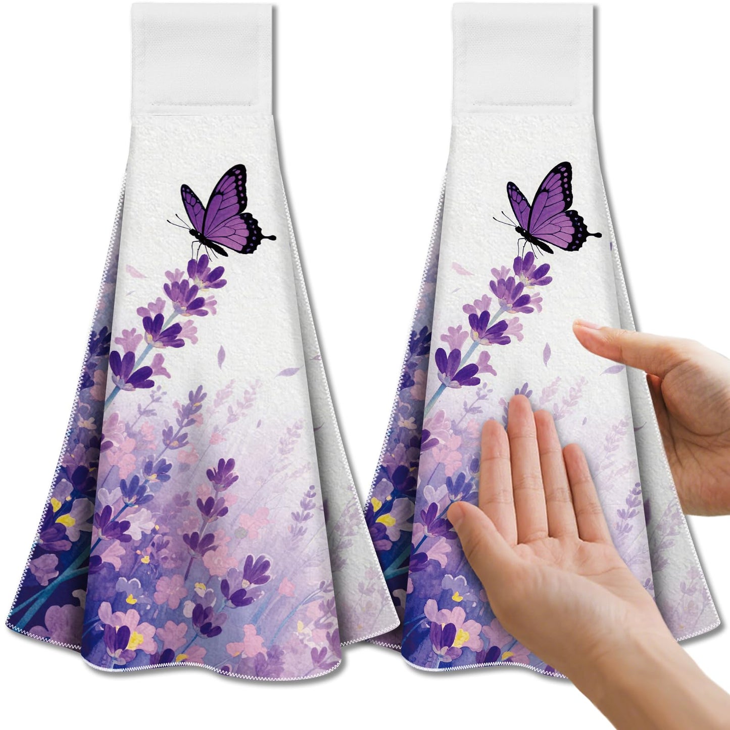 CUTHOLLOW 2Pcs Purple Lavender Flower Tea Towels for Kitchen with Loop, 31.5x43.5cm Soft Super Absorbent Microfiber Decorative Hanging Dish Towel,