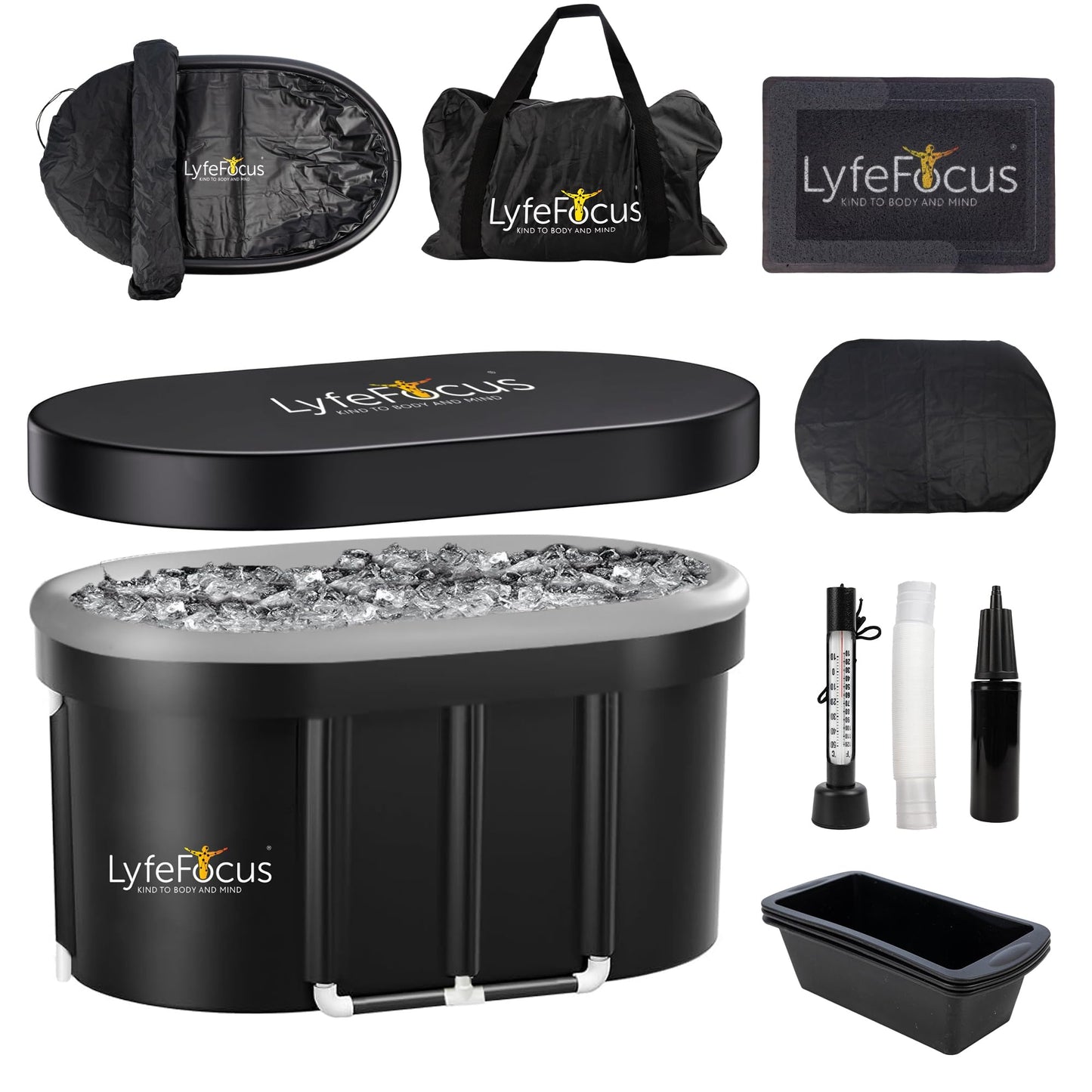 LyfeFocus Cold Therapy Pod ? Premium Recovery Ice Bath Tub with Thermometer, Foot Mat, Protection Lid, Groundsheet, Reusable Ice Blocks and Set Up