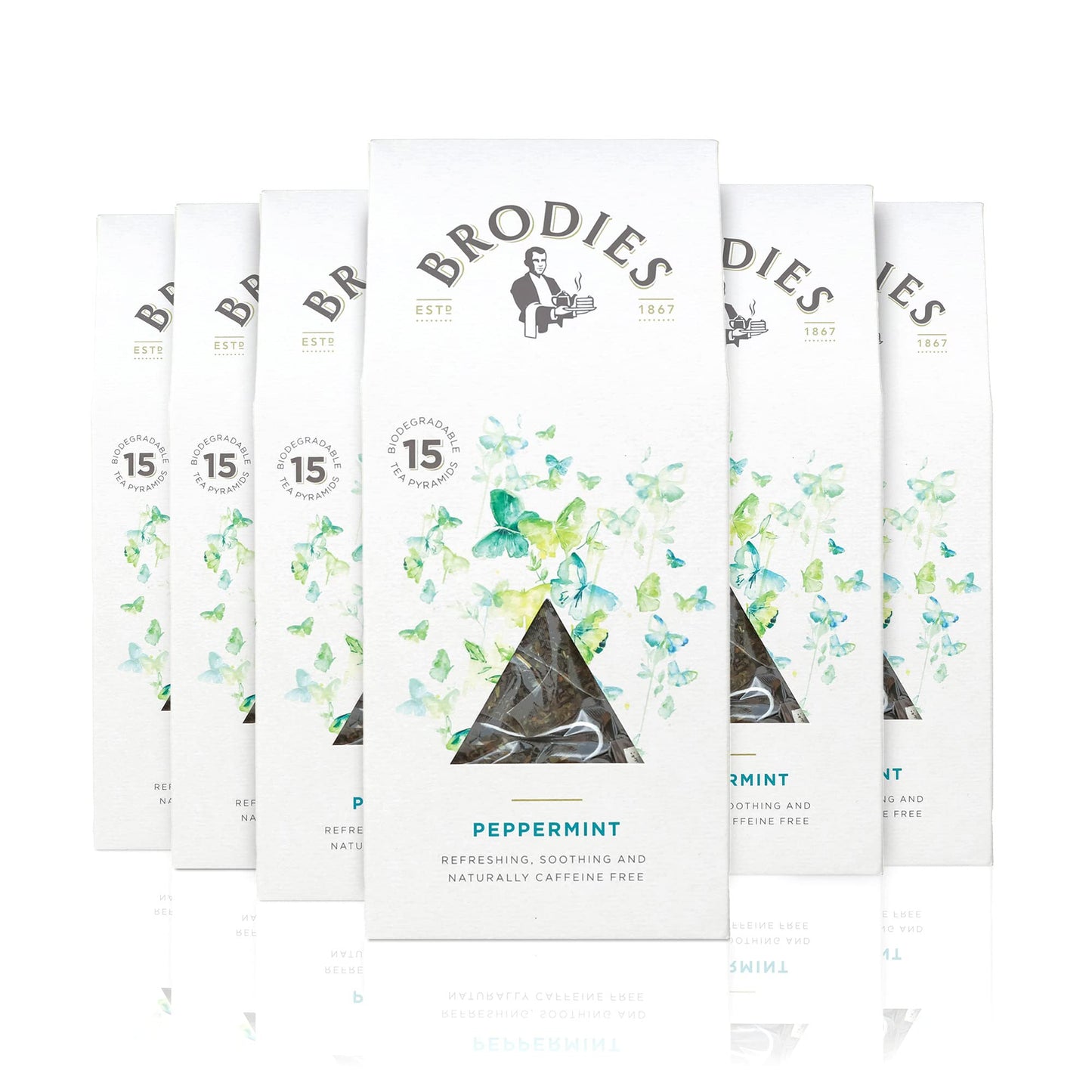 Brodies - Peppermint in Biodegradable Pyramid Bags - 100% Natural Eco-Friendly and Sustainably Sourced - 6 Boxes Of 15 Pyramid Bags - Total Of 90