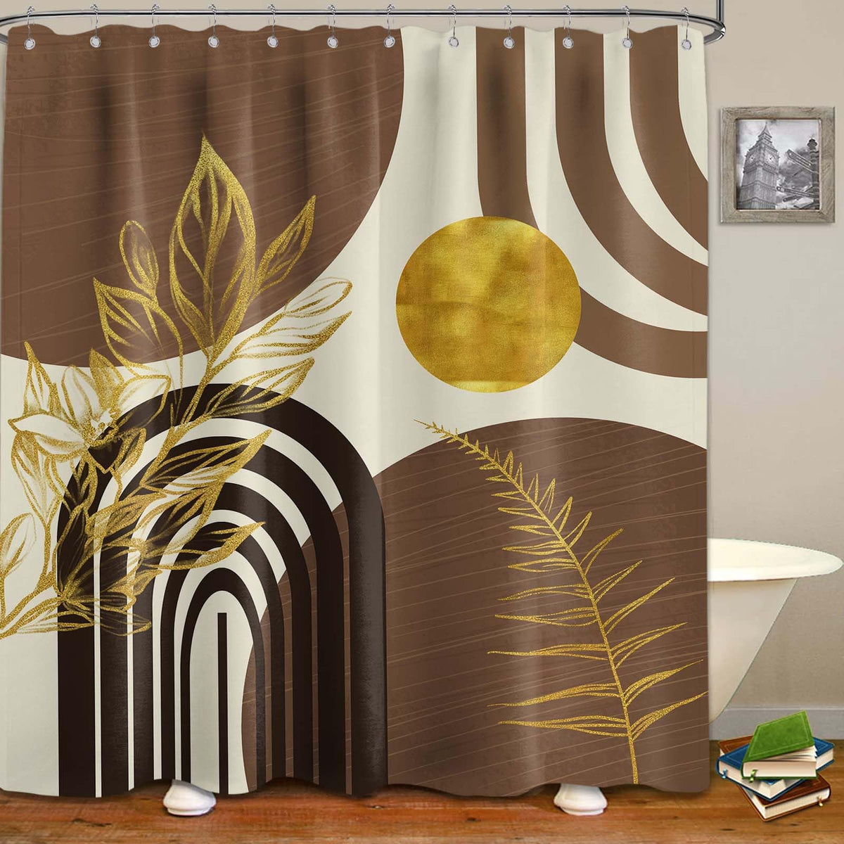LanZanthic Black and Brown Shower Curtains for Bathroom Boho Beige Mid Century Modern Wet Room Shower Curtain, Washable, Waterproof, Cloth Fabric, 180