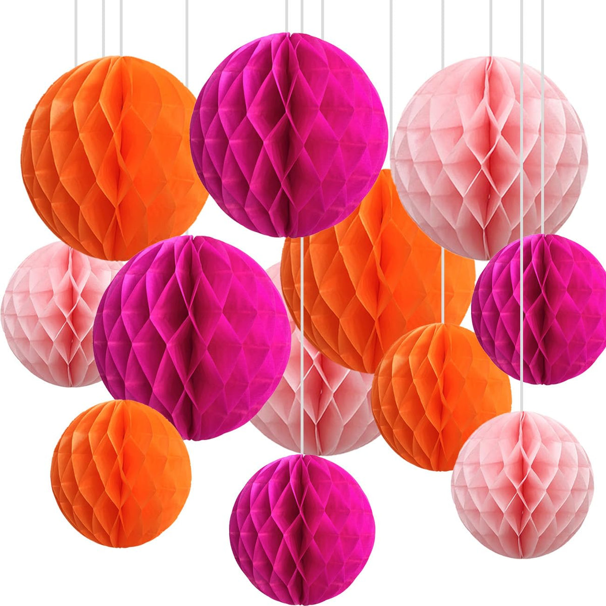 12pcs Orange and Pink Paper Honeycomb Balls,6" & 10" Hanging Tissue Pom poms for Birthday Party DecorationHot Pink,Pink,Orange