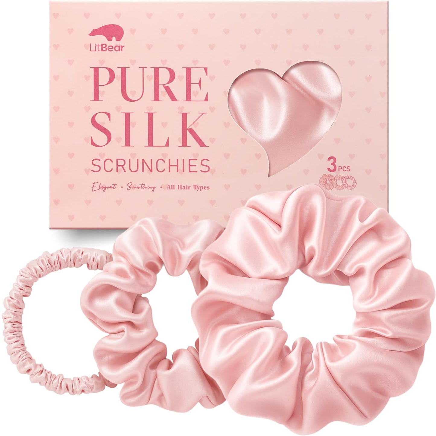 Litbear Silk Scrunchies for Women Girls, 100% Mulberry Silk Hair Ties, 3 Pack 22 Momme Silky Hair Bobbles for Thick Thin Hair, Durable and Smoothier