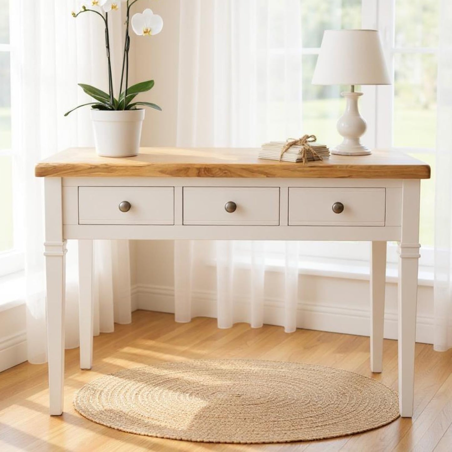 GROF GROFurniture Oak White Painted Dressing Table with 3 drawers, Bedroom Desk Office with Oak Top Dressing Table, Livingroom Table