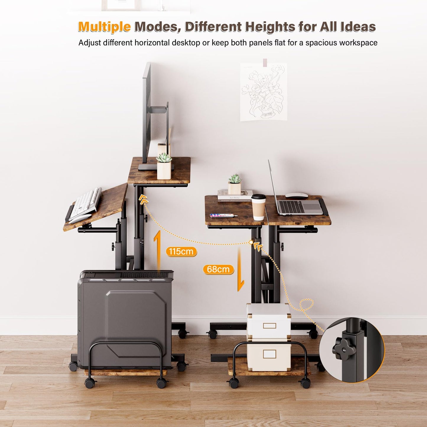 Dripex Standing Desk, Height Adjustable Rolling Desk with Tilting Table Top, Sit-Stand Workstation with Wheels, 60 x 60 cm, laptop Table