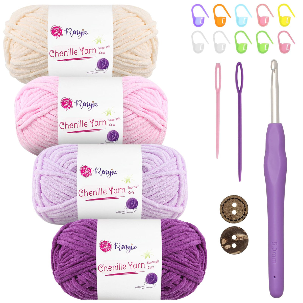 Thick Soft Chunky Chenille Yarn 4x50g60m/Skein Fluffy Wool Perfect for Crochet Baby Blankets with 5mm Crochet Hook, Ideal for Beginners Rose-4