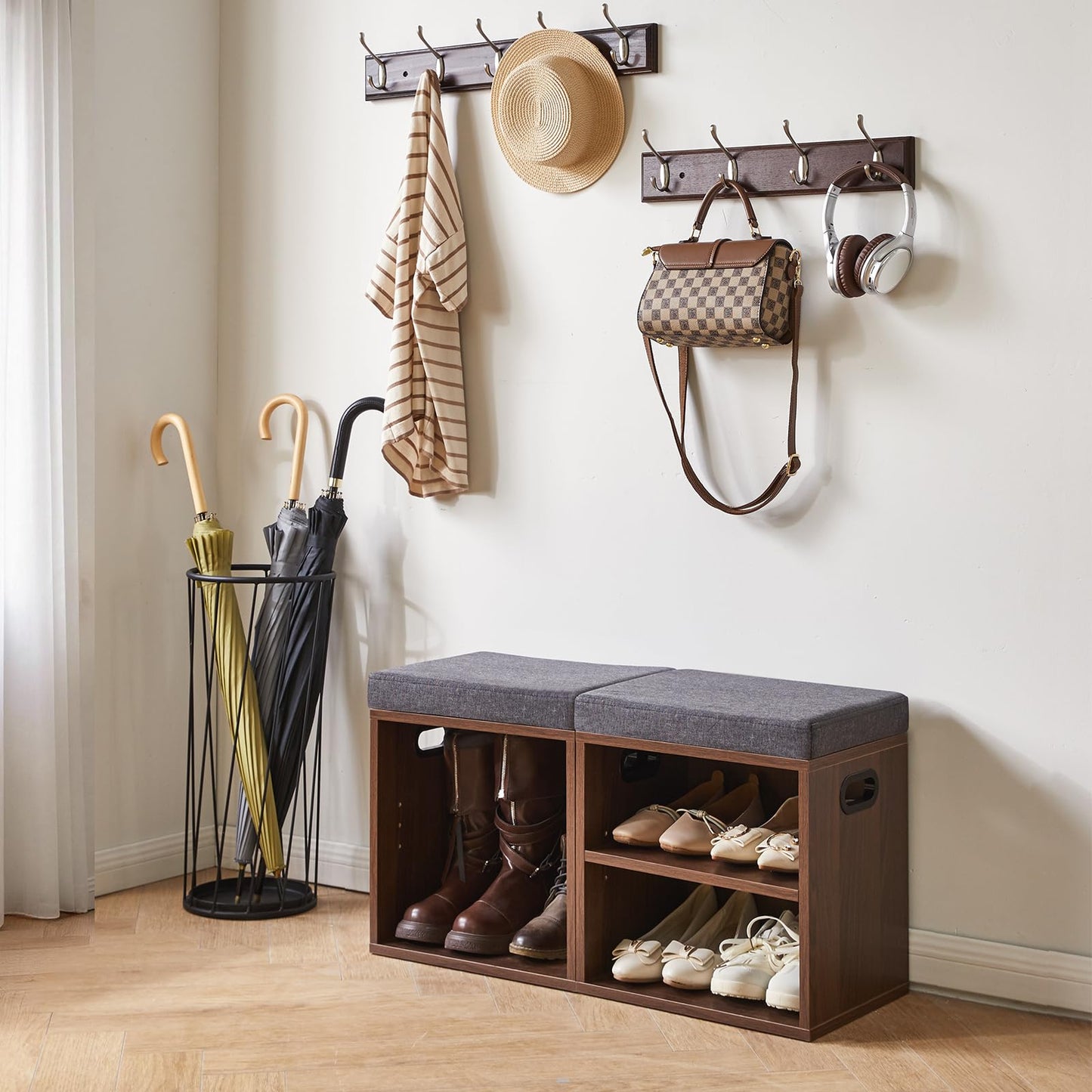 YMYNY Small Shoe Storage Bench with Cushion, Light Walnut HBD028LW