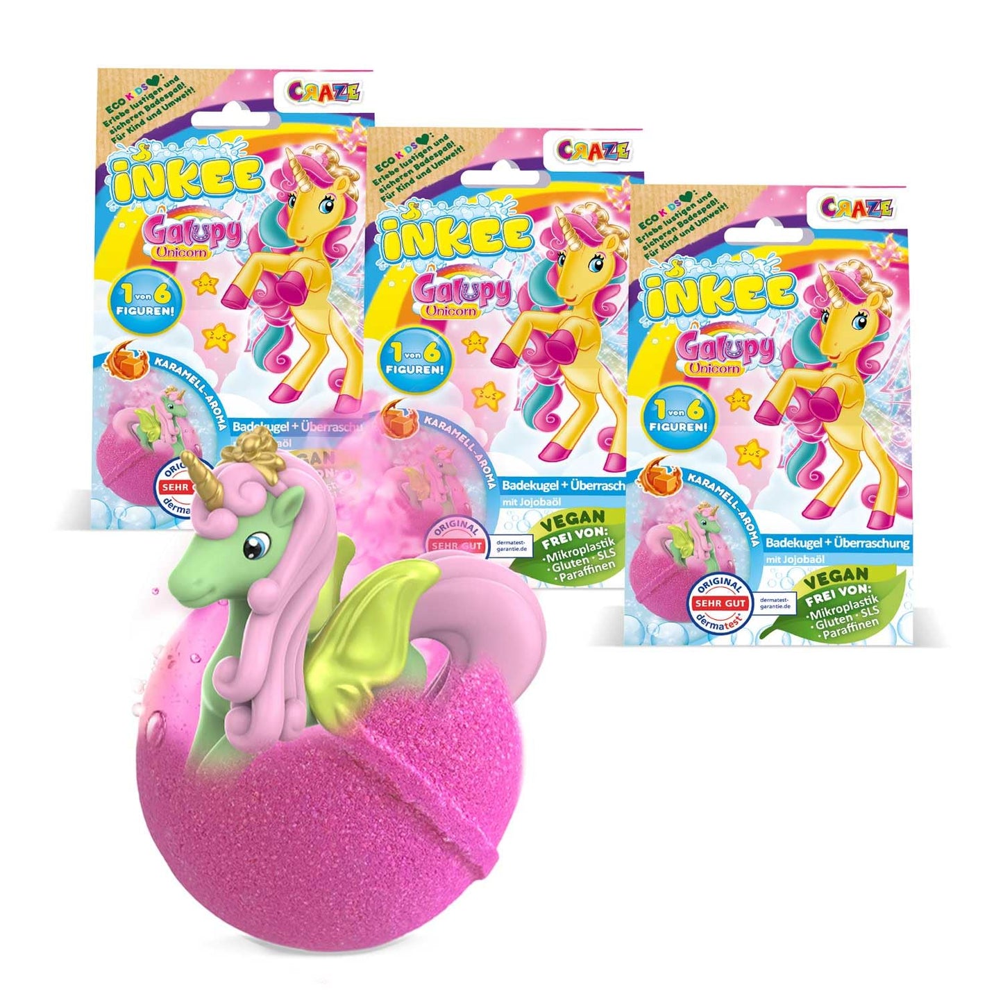 INKEE Galupy Unicorn Bath Bombs for Kids 3 Pack ? 3X 100g Bubble Bath Fizzers with Collectible Unicorn Figures, Caramel Scent & Jojoba Oil ? Fun Gift