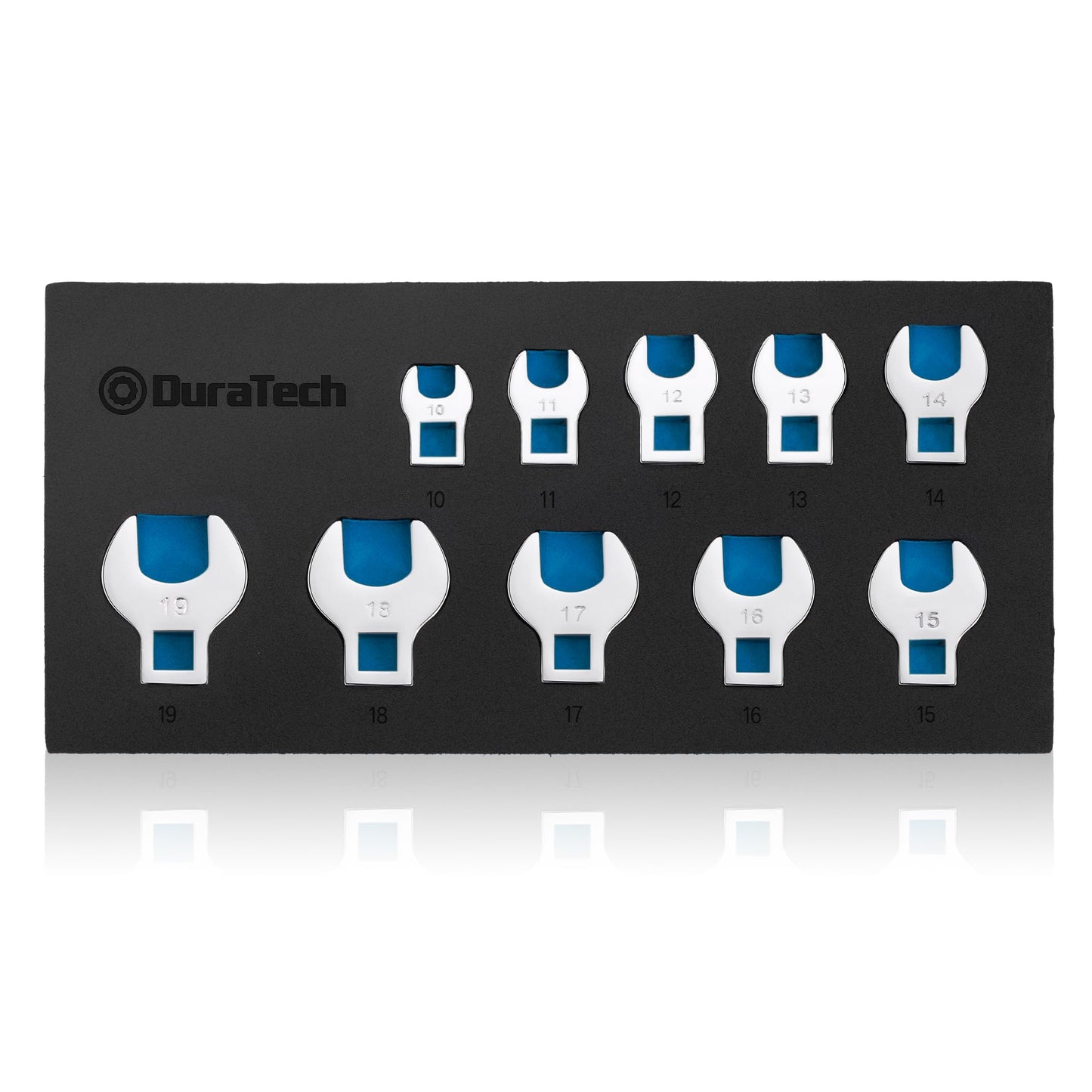DURATECH 10 Piece 3/8" Drive Crowfoot Spanner Set, Open End Crowfoot Wrench Set, Metric Sizes 10-19mm, Cr-V Steel, with EVA Foam Tool Organizer