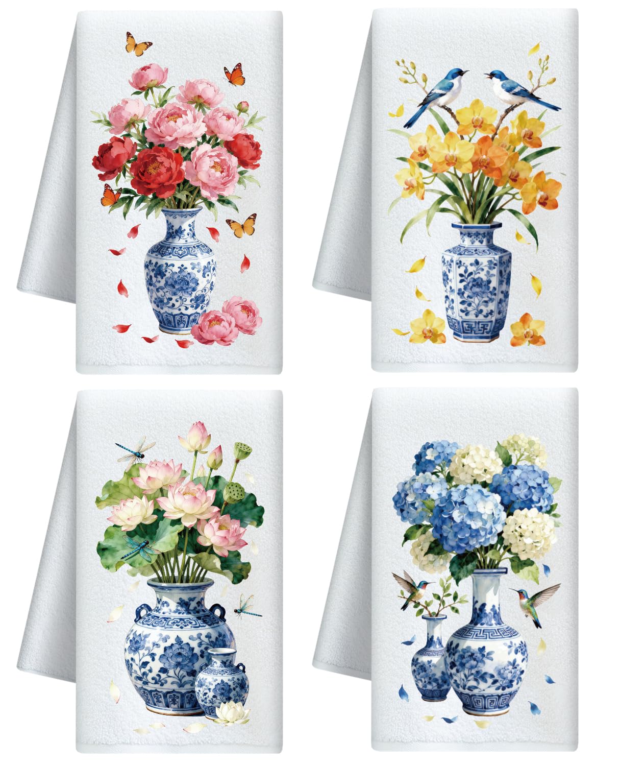 CUTHOLLOW Chinese Porcelain and Flowers Decorative Kitchen Towels Set of 4, 60x40cm Soft Absorbent Microfiber Dish Towel for Tea Coffee Bar Home, Gift