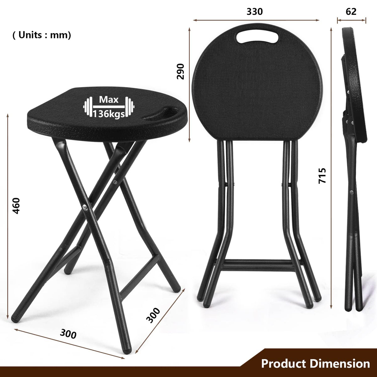 RFIVER Folding Stools,Set of Two,Light Weight Metal and Plastic Foldable Stools,136kgs Capacity,2-Pack Black,CH1001