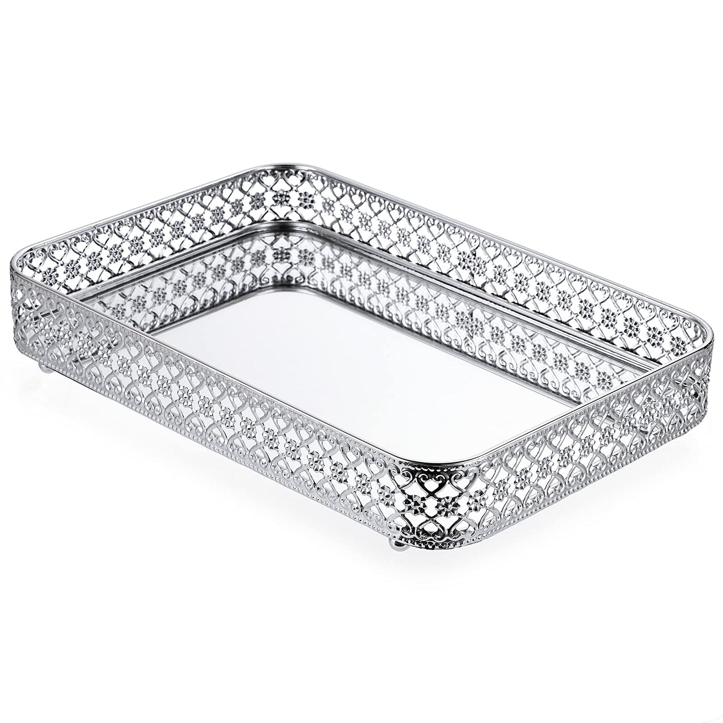 BSTKEY 30x20cm Vanity Mirror Tray Jewelry Trinket Tray, Decorative Tray for Cosmetic Makeup Dresser Bathroom Bedroom Countertop Organizer (Silver)
