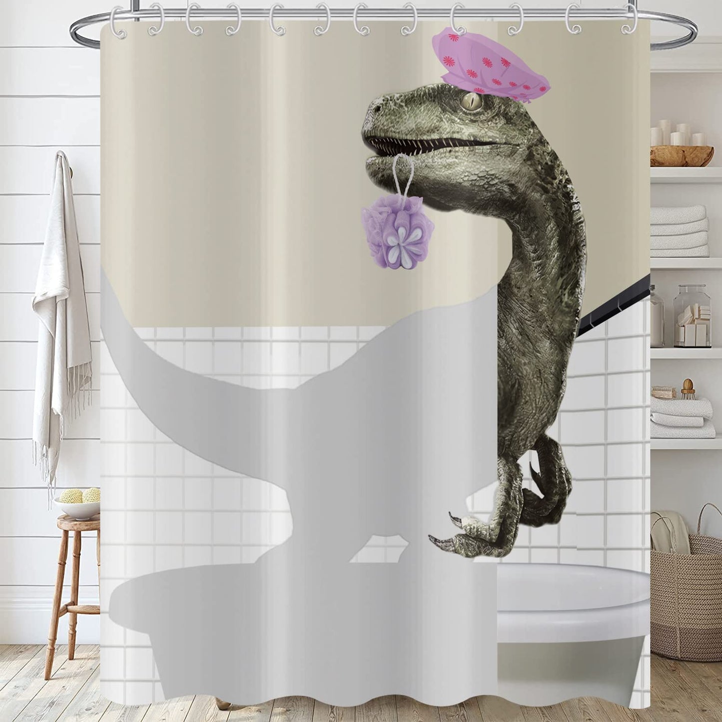 Hnmdmyi Funny Dinosaur Shower Curtain 180x180, Cute Bathing Dino Raptor Kids Bathroom Curtains Cartoon Animal Children Creative Modern Waterproof