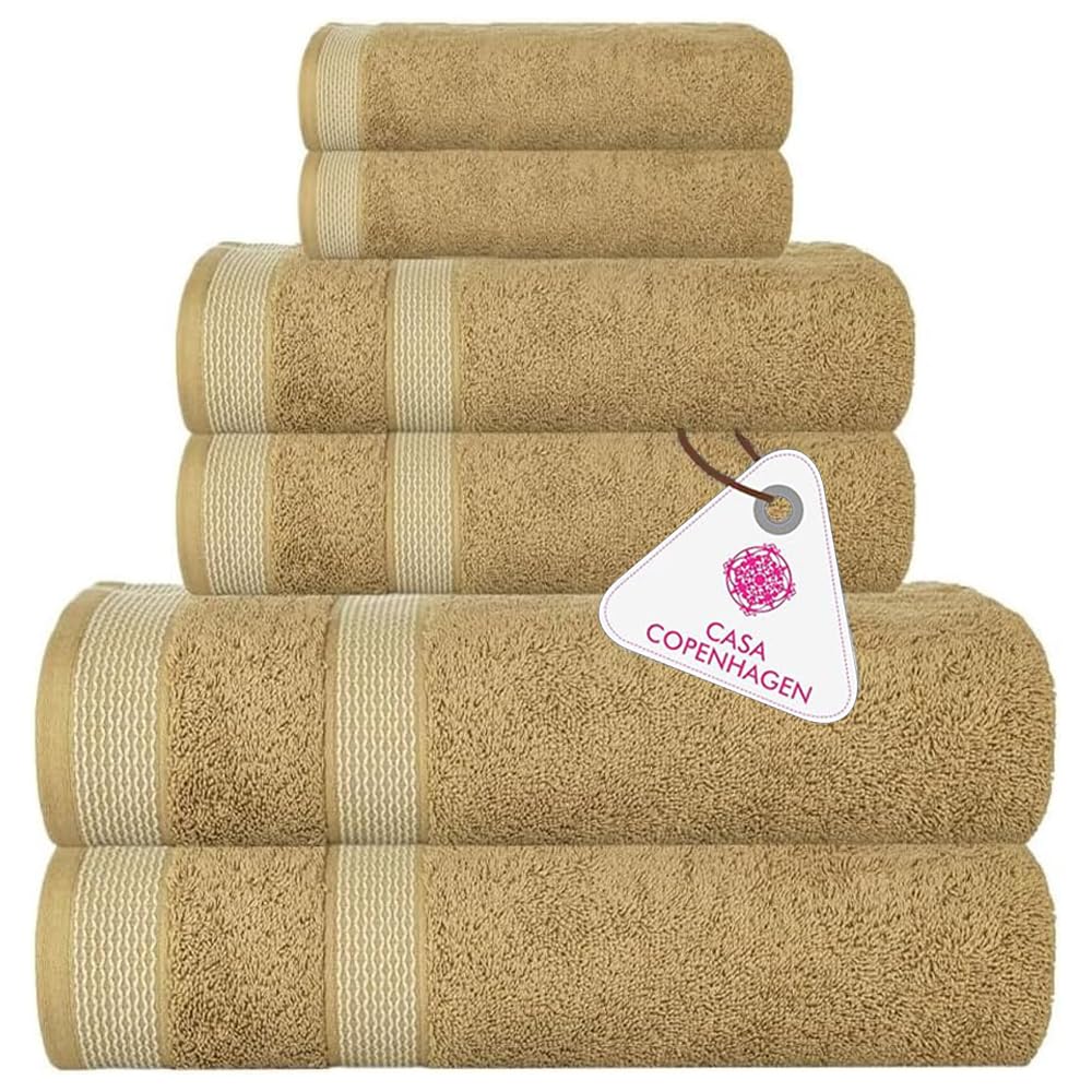 CASA COPENHAGEN Solitaire 6 Piece Towel Set - Beige, 600gsm, 2 Bath Towels, 2 Hand Towels, 2 Washcloths Made of Soft Egyptian Cotton for Bathroom,