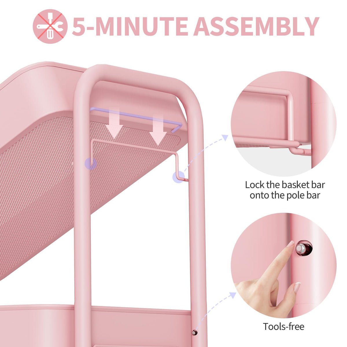 Urackify 4 Tier Storage Trolley on Wheels, Pink