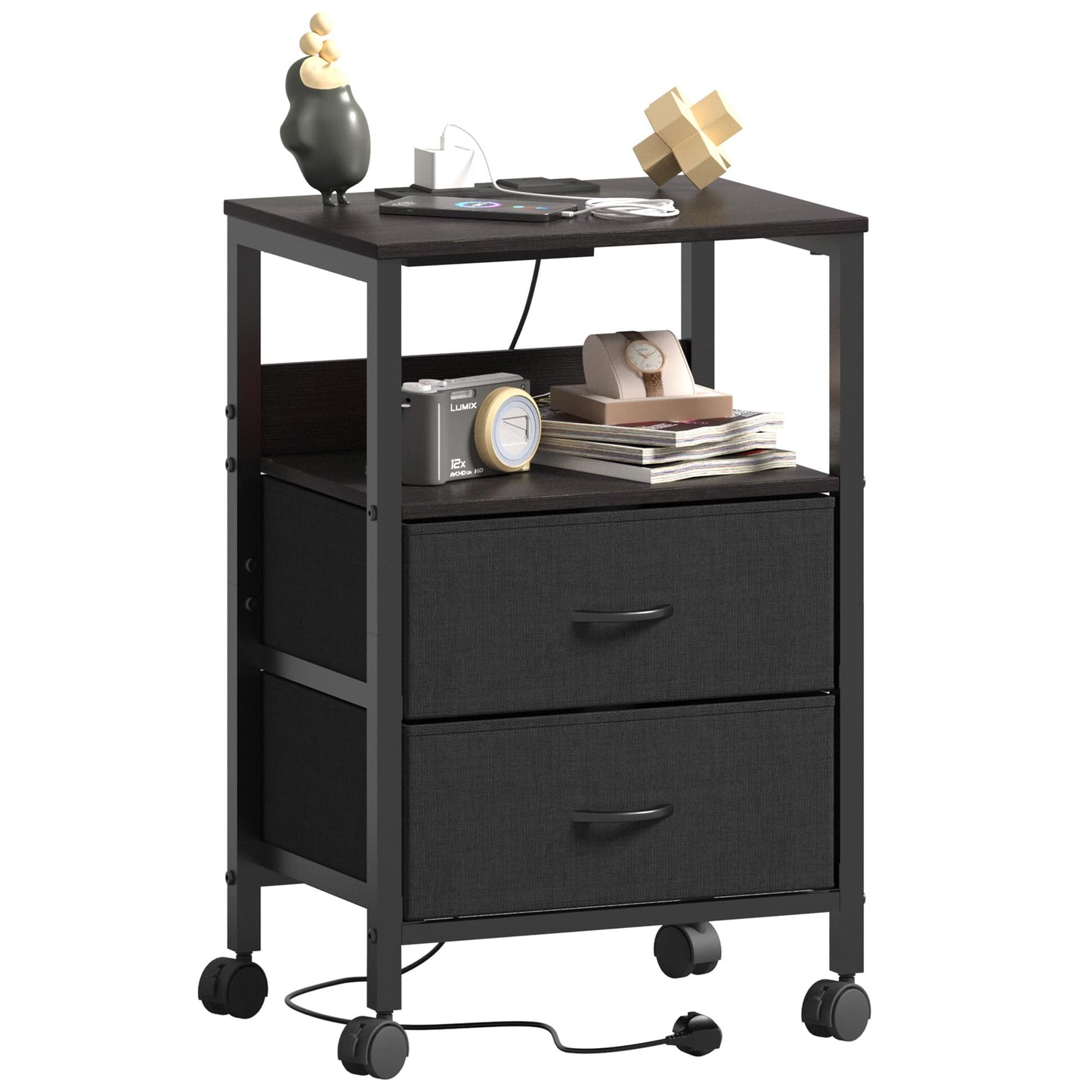 Lutown-Teen Bedside Table with Charging Station, Night Stand Small Bedside Cabinet with Open Storage Shelf and 2 Fabric Drawers, Side Table with 4