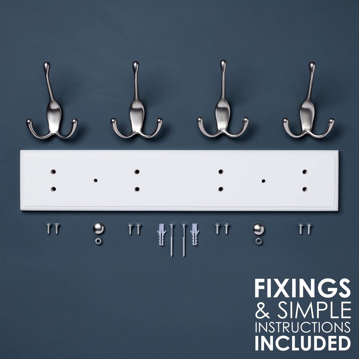 LARHN White Wall-Mounted Coat Rack, 2-Pack - 4 Matt-Nickel Coat Hooks, 42cm