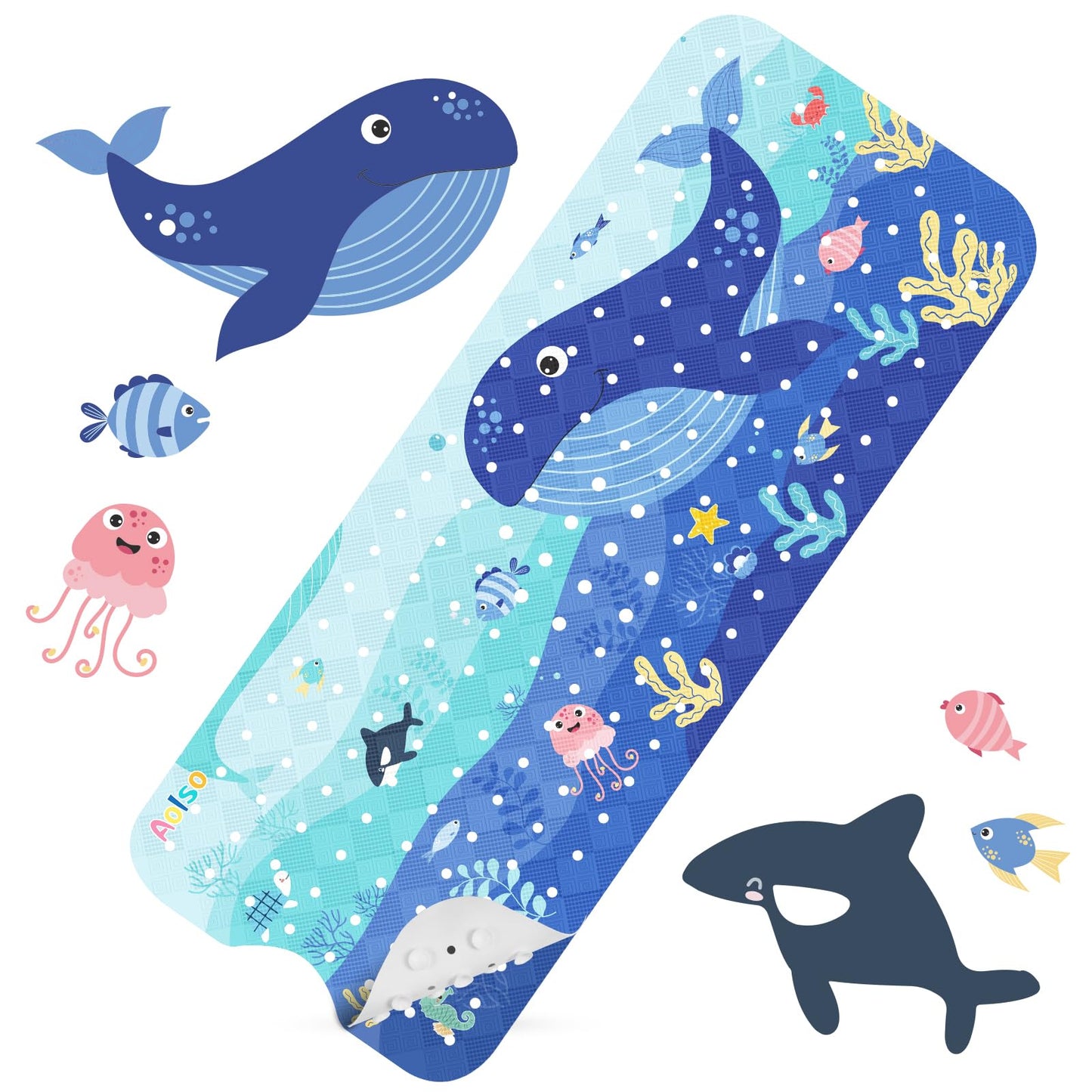 Aolso Non-Slip Bath Mat Shower Mats, 100x40cm Baby Bath Mats Non Slip, Large Non Slip Shower Mat Baby Bath Mat with Suction Cups & Drain Holes,