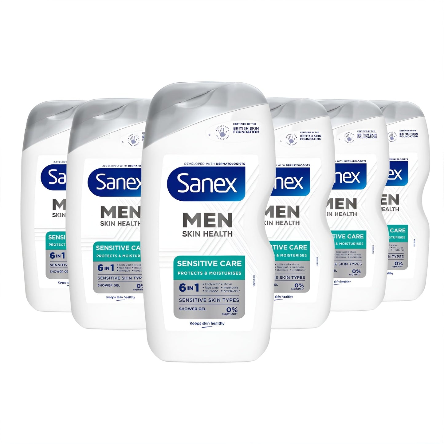 Sanex Men Skin Health Sensitive Care Shower Gel 400ml x 6 - men?s body wash - protects skin - helps reduce risk of irritation - enhances natural