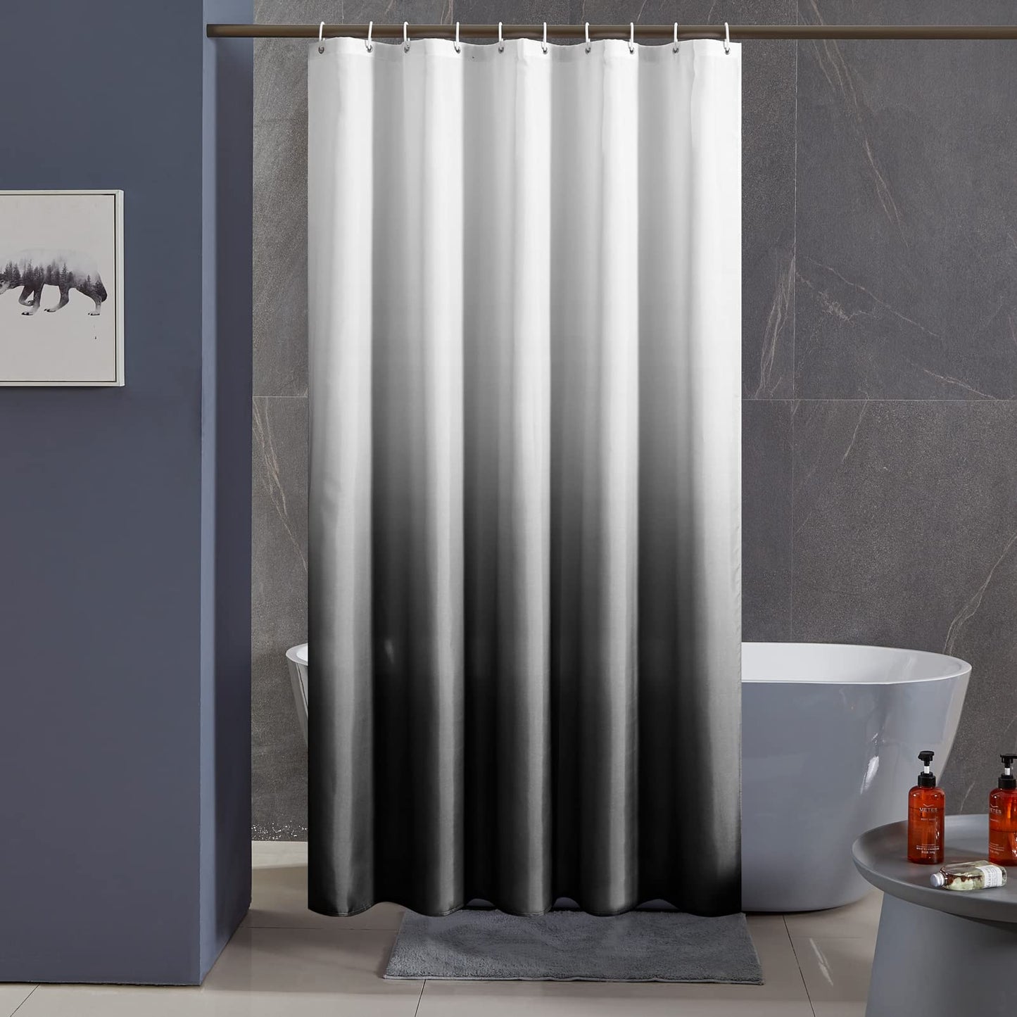 Furlinic Shower Curtain Mould Proof Polyester Fabric Wetroom Bath Curtains Waterproof Machine Washable with 12 Hooks for Bathroom White to Black 72x78