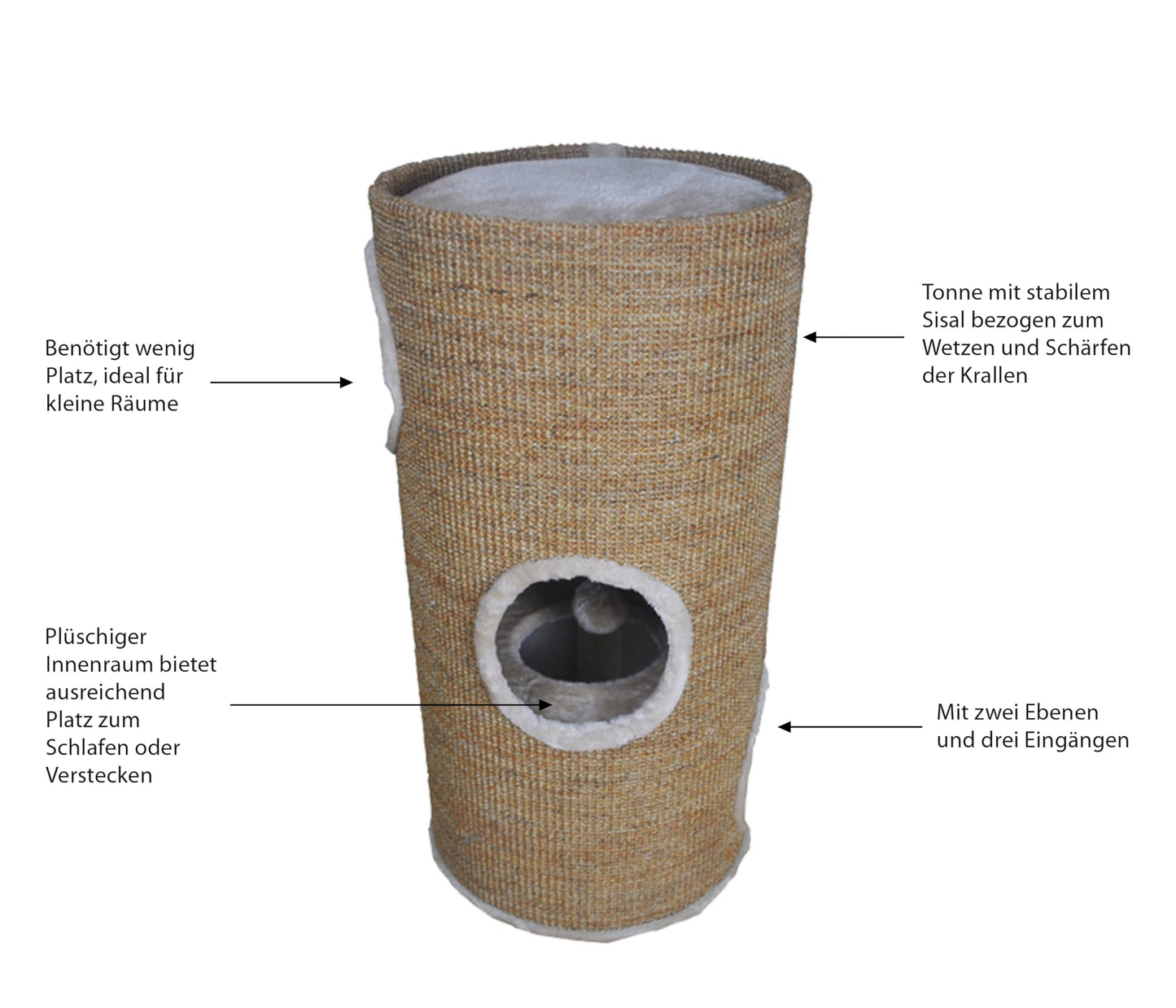 Dehner Tassilo Cat Scratching Barrel and Tower, 2 Levels, 3 Entrances, 36 x 70 cm, Sisal Plush