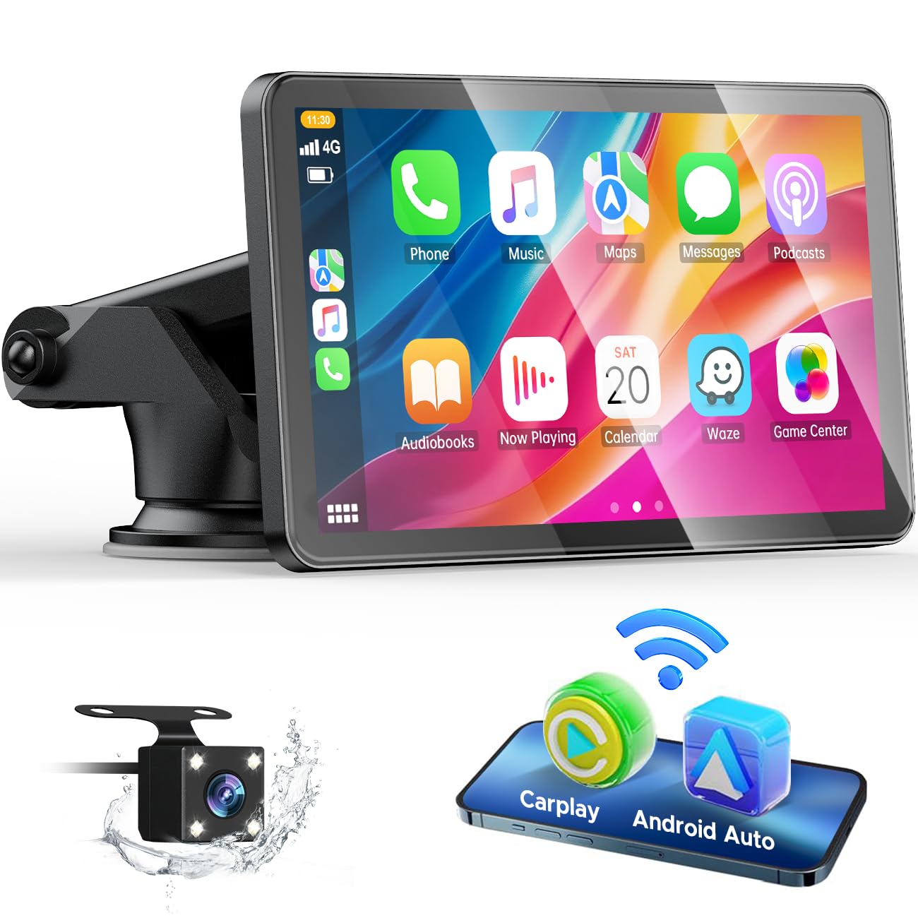 HOTPEAK Wireless Car Stereo for Apple Carplay with Rear Camera,7" Portable Touch Screen Android Auto for Cars,Car Radio Receiver with Bluetooth, FM,