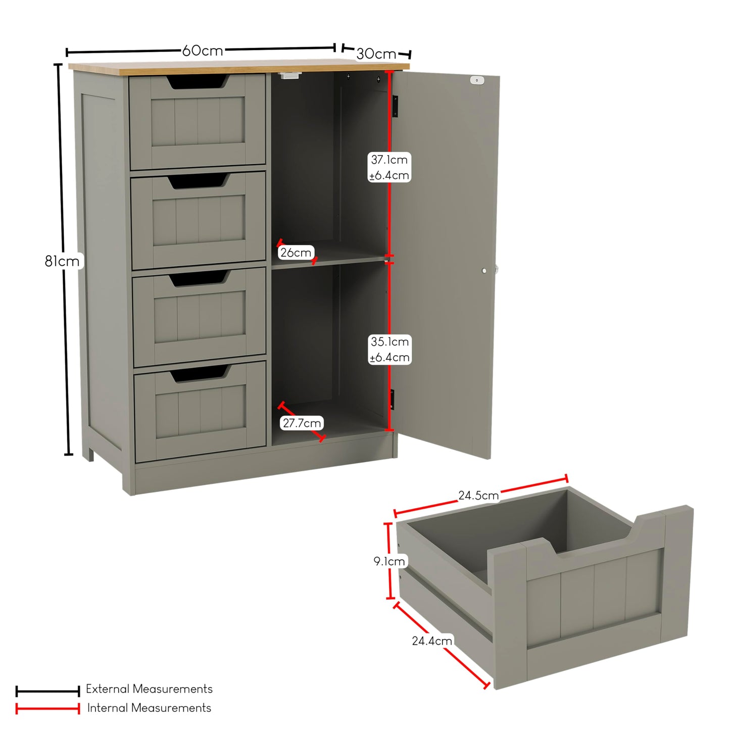 Bath Vida Priano Freestanding 4 Drawer 1 Door Bathroom Cabinet, Grey & Oak
