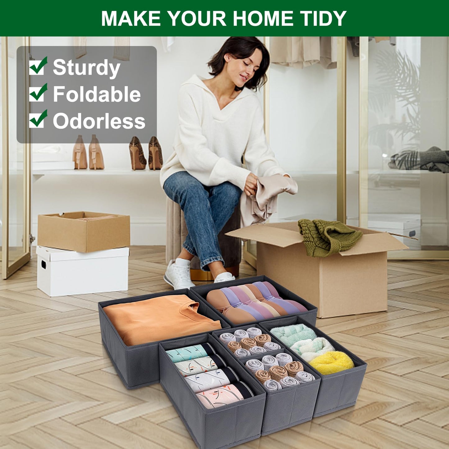 Drawer Organiser-6 Pack Wardrobe Storage Organizer, Desk Organiser, Thickened Fabric Storage Box for Underwear, Clothes, Socks, Ties, Scarves