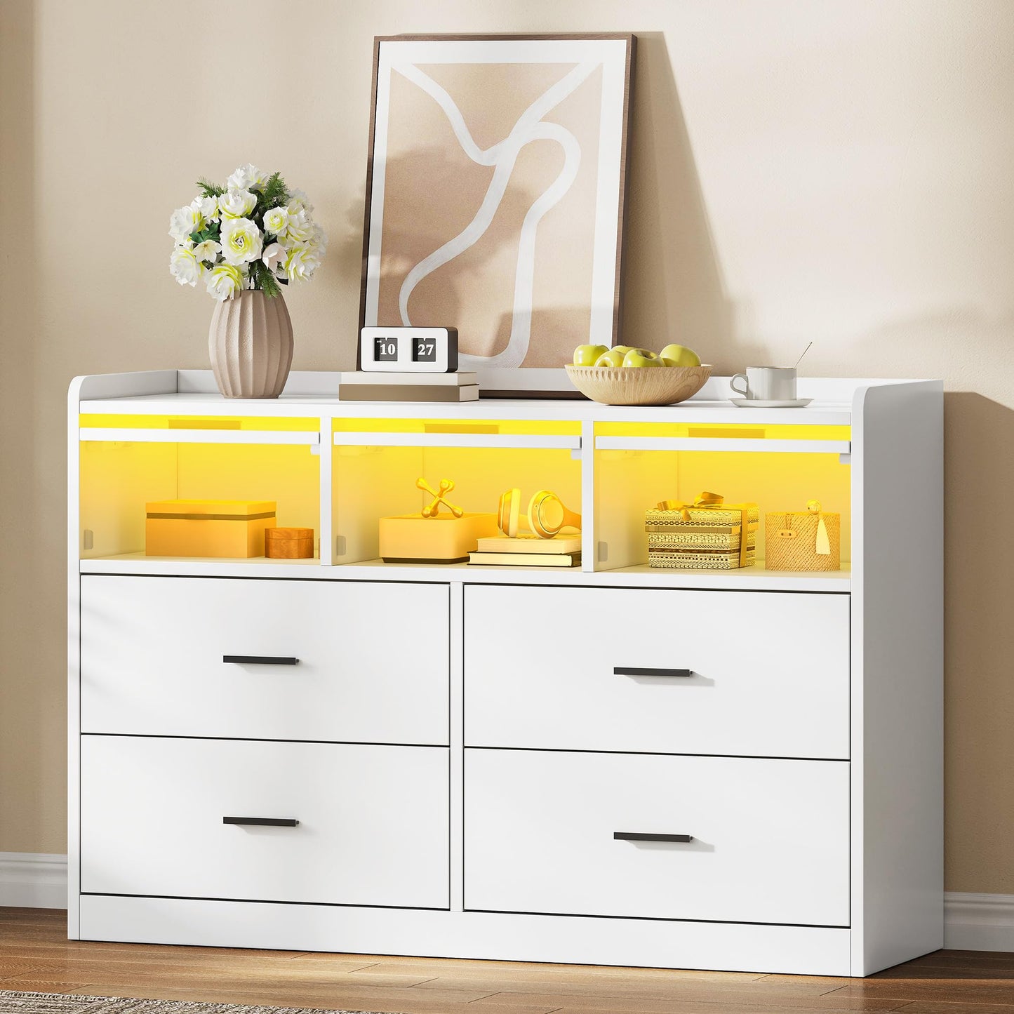 YITAHOME 7-Drawer Chest of Drawers with RGB LED Lights, White Bedroom Drawers with Open 3 Visible Flip Door Drawers, Clothing Storage Unit Bedside