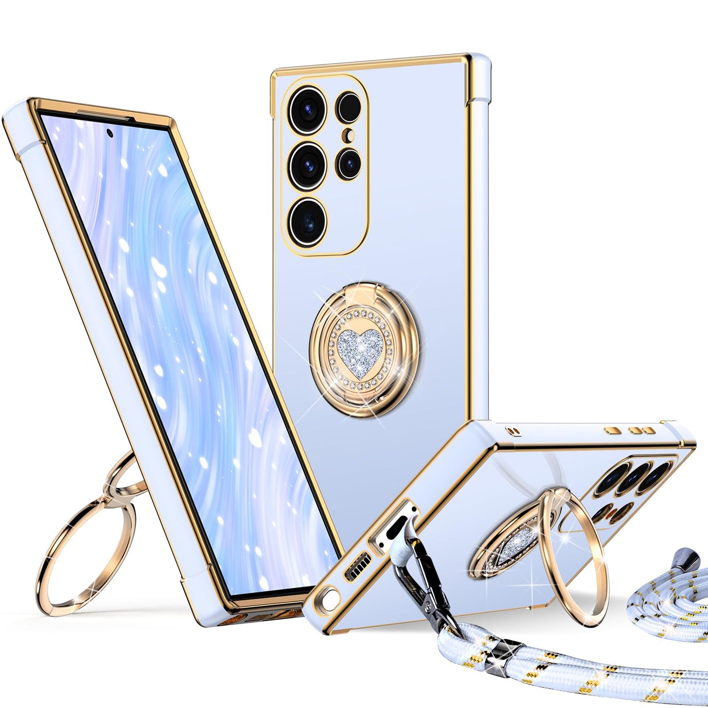 XYZ for Samsung Galaxy S25 Ultra Case with Stand, S25 Ultra Phone Case with Lanyard for Women Girls, Double Ring Bling Luxury Heart Protective Phone