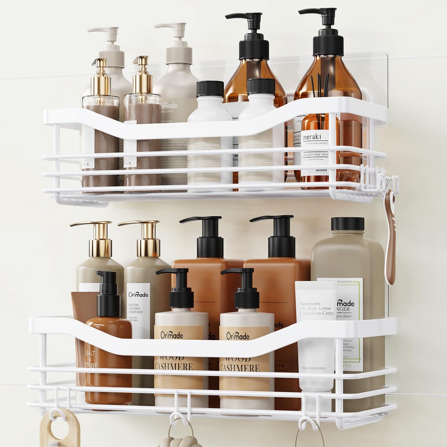 Orimade Shower Caddy Stainless Steel No Drilling Adhesive Shower Shelf for Shampoo Conditioner,Rustproof, 2 Pack (White)