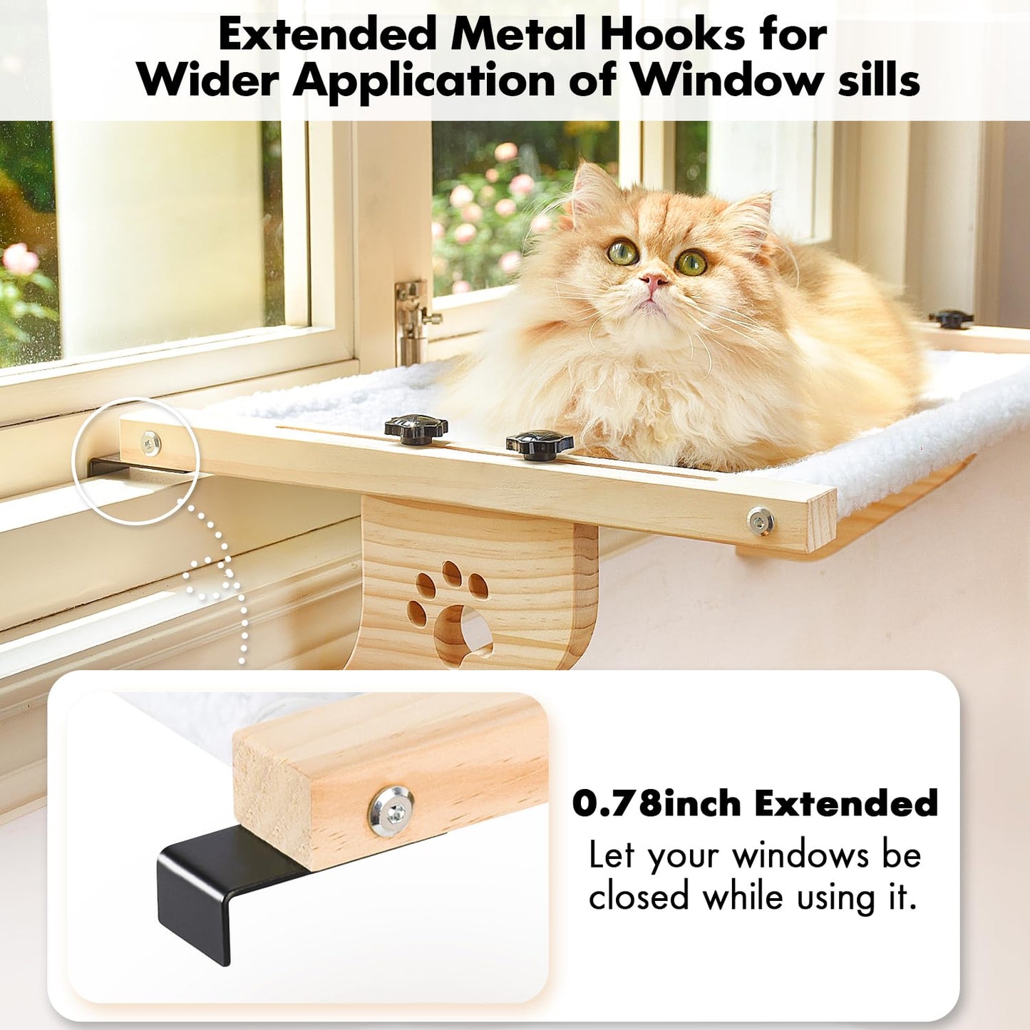 AMOSIJOY Cat Sill Window Perch Sturdy Cat Hammock Window Seat with Wood & Metal Frame for Large Cats, Easy to Adjust Cat Bed for Windowsill, Bedside,