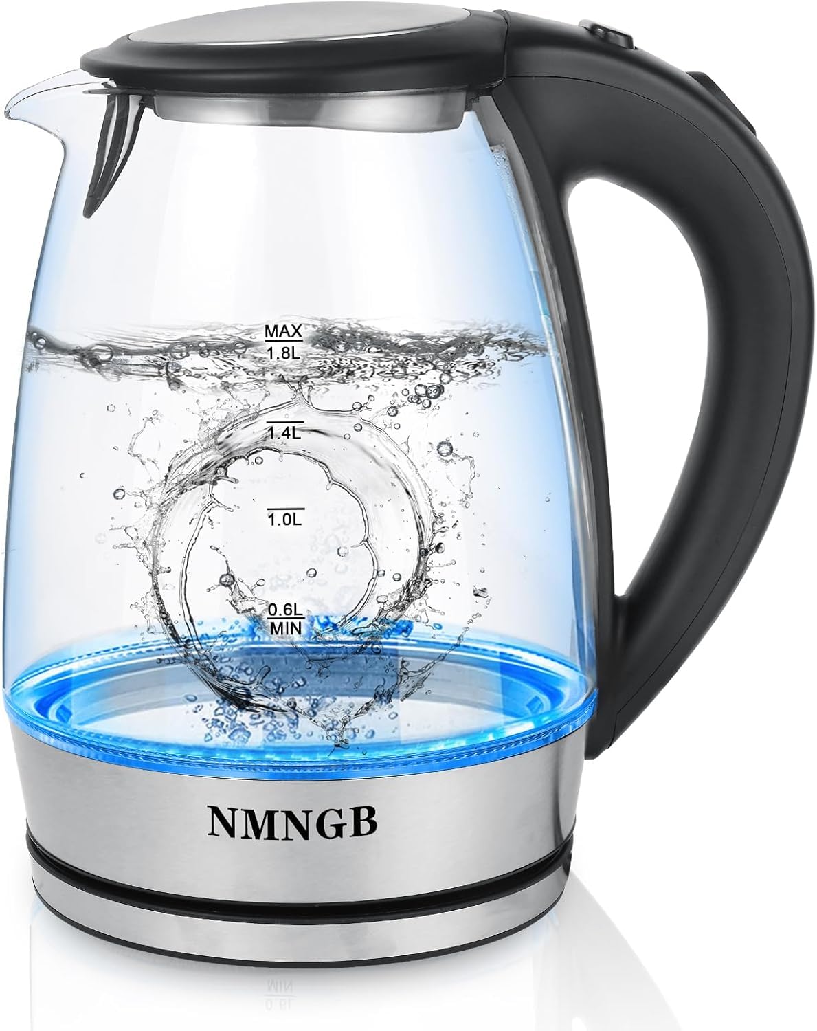 NMNGB Electric Kettles, 2200 Watts 1.8L, Fast Boil Glass Clear Kettle with Blue LED, Easy to Clean, Auto Shut-Off and Boil-Dry Protection, BPA Free