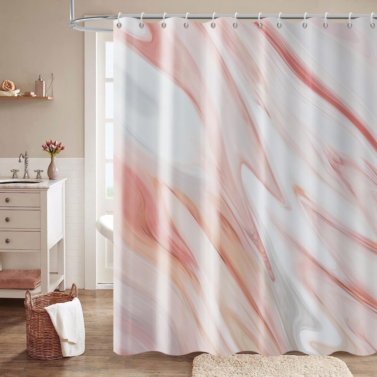 GCIREC Pink Marble Shower Curtain, Peach Pink Modern Abstract Wave Luxury Bathroom Curtain Bathtub Home Decor Waterproof Fabric Machine Washable with