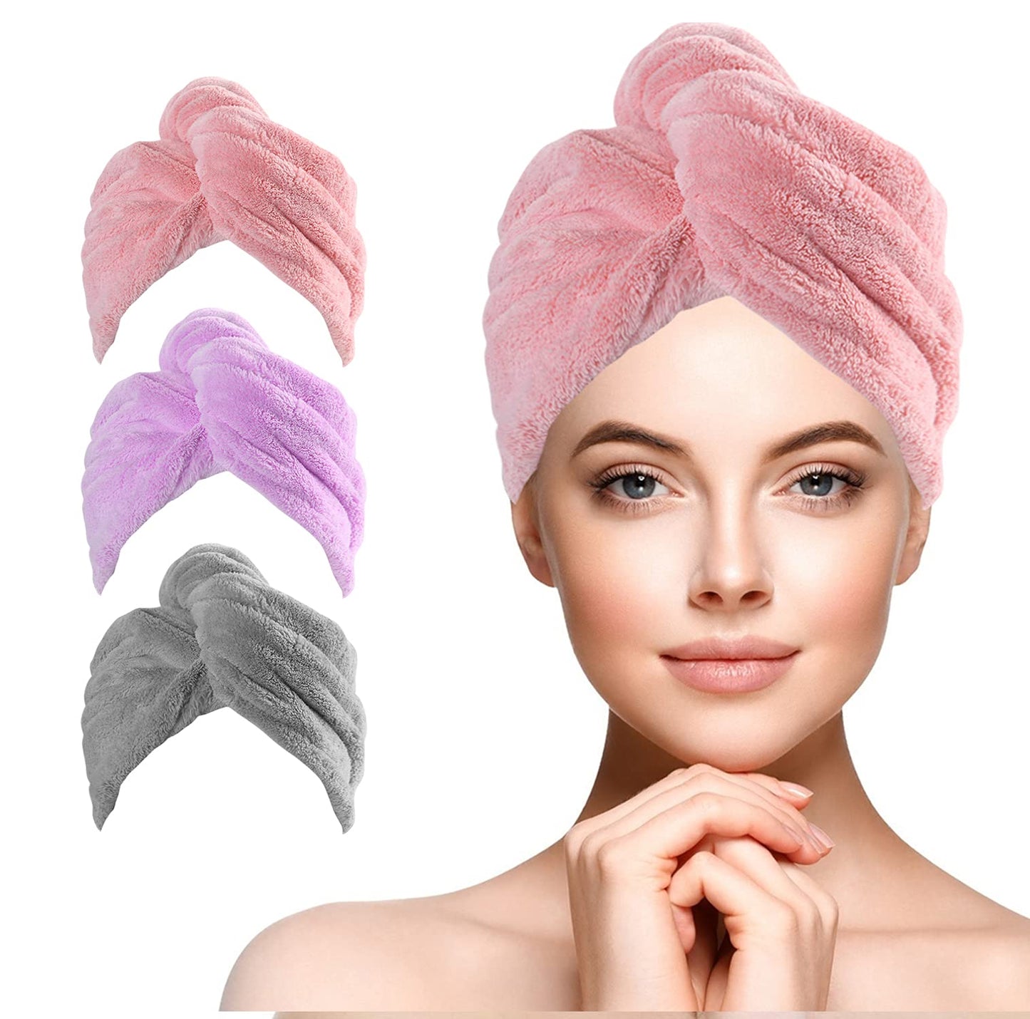 URAQT Hair Drying Towels Wrap, 3 Pack Hair Dry Cap with Buttons, Soft Microfiber Hair Turban Towel, Super Absorbent Anti Frizz Dry Hair Hat Fast Dry