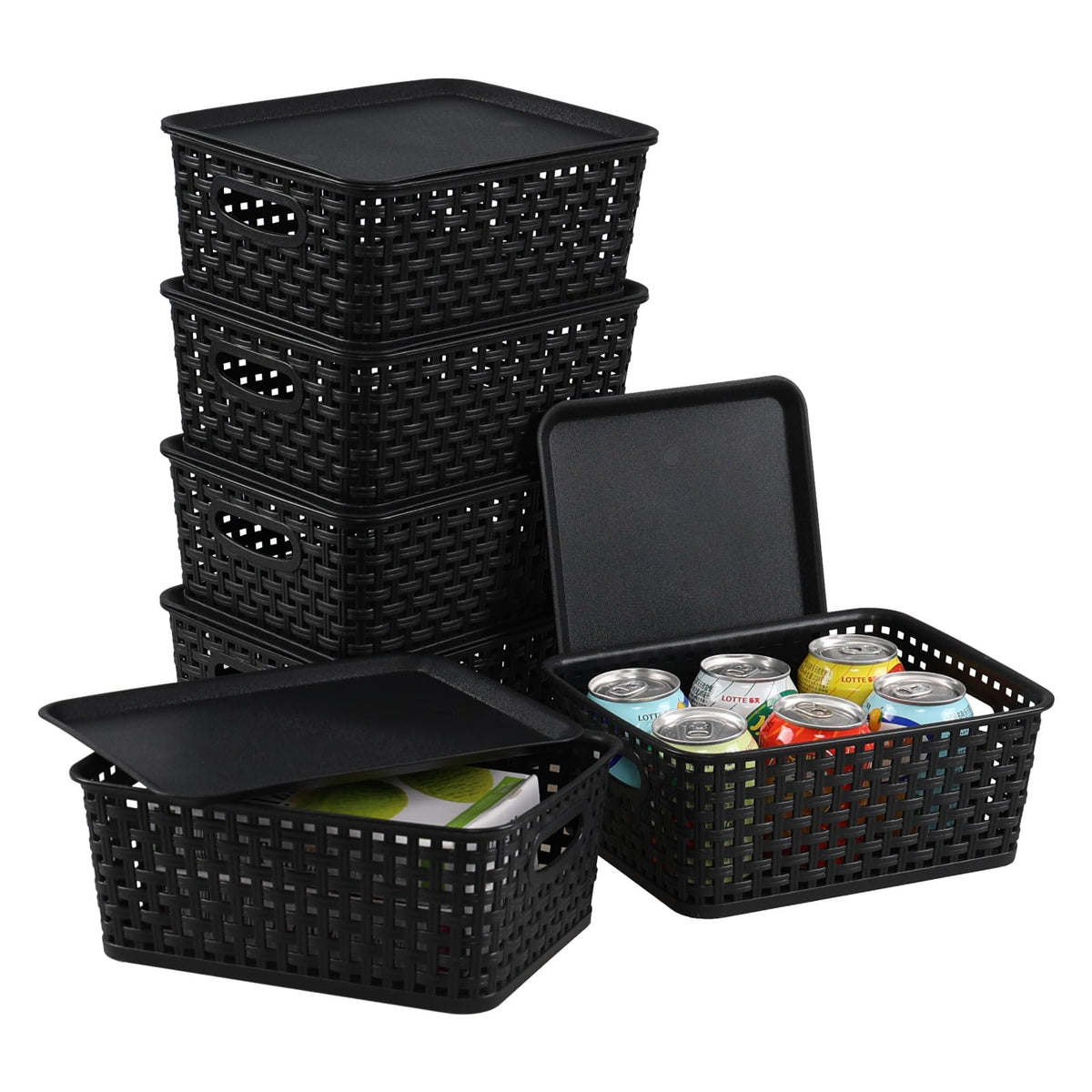 Aninhao Plastic Storage Basket with Lid, Kitchen Cupboard Organiser Baskets, Black, 6-Pack