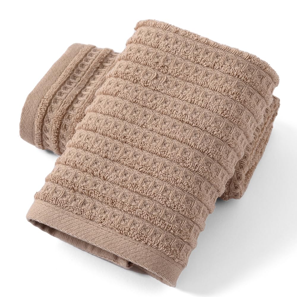 sense gnosis Brown Hand Towel Set of 2 Waffle with Terry Striped Pattern 100% Cotton Ultra Soft Absorbent Towels for Bathroom Kitchen Home 13 x 29
