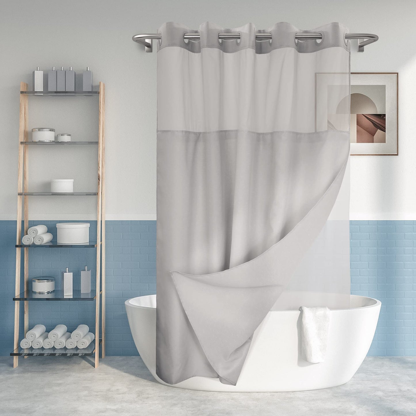 River Dream Long No Hook Slub Textured Shower Curtain with Snap-in PEVA Liner Set - 71" x 80"(78"), Hotel Style with See Through Top Window, Grey