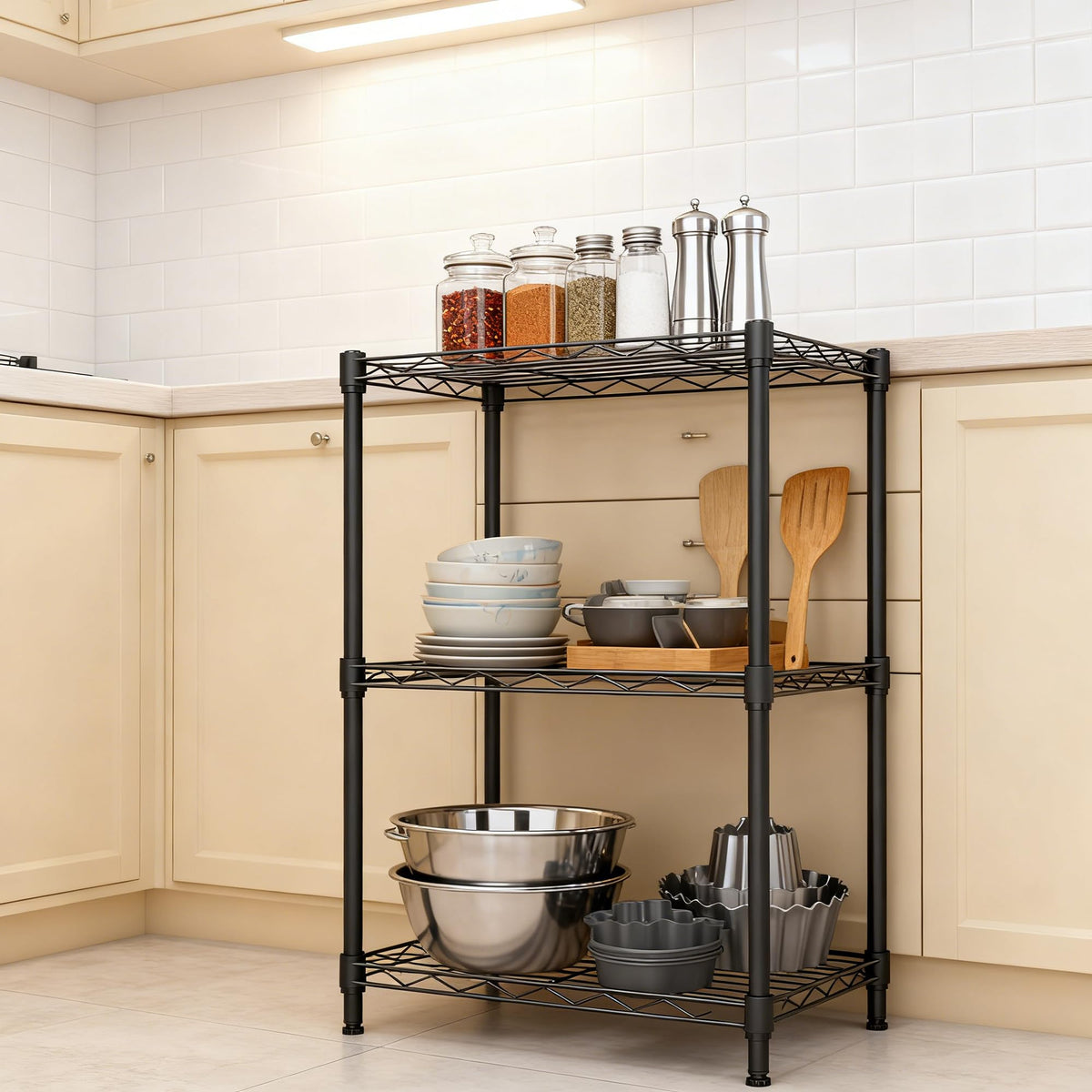 M MZG Storage Shelves 3 Tier Heavy Duty Metal Storage Unit With Levelling Feet Organizer for Garage, Laundry, Kitchen 30 x 45 x 73.2 cm Black