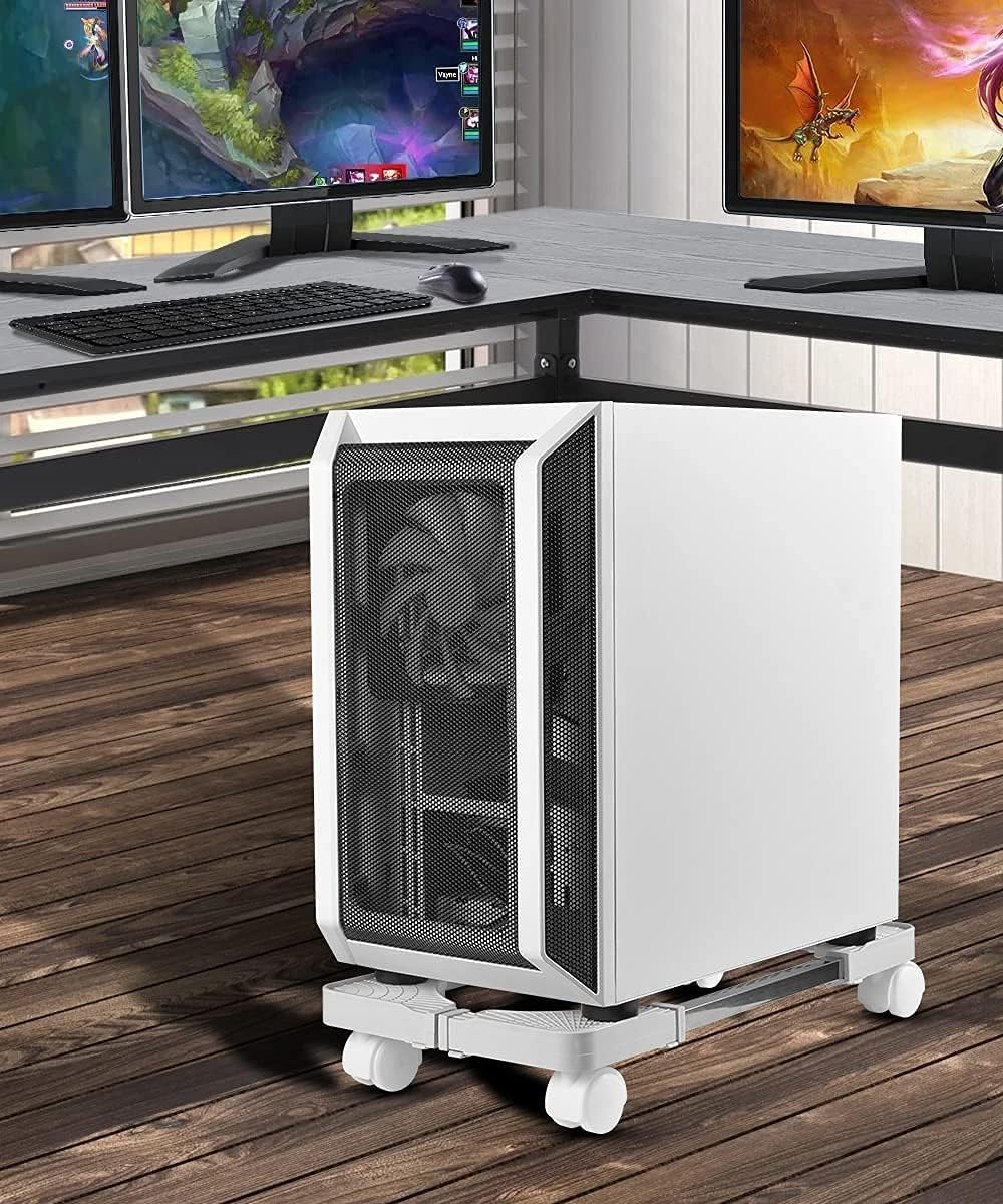 Mobile CPU Stand, Adjustable Computer Tower Stand with 4 Rolling Caster Wheels for Office and Home Use (White)