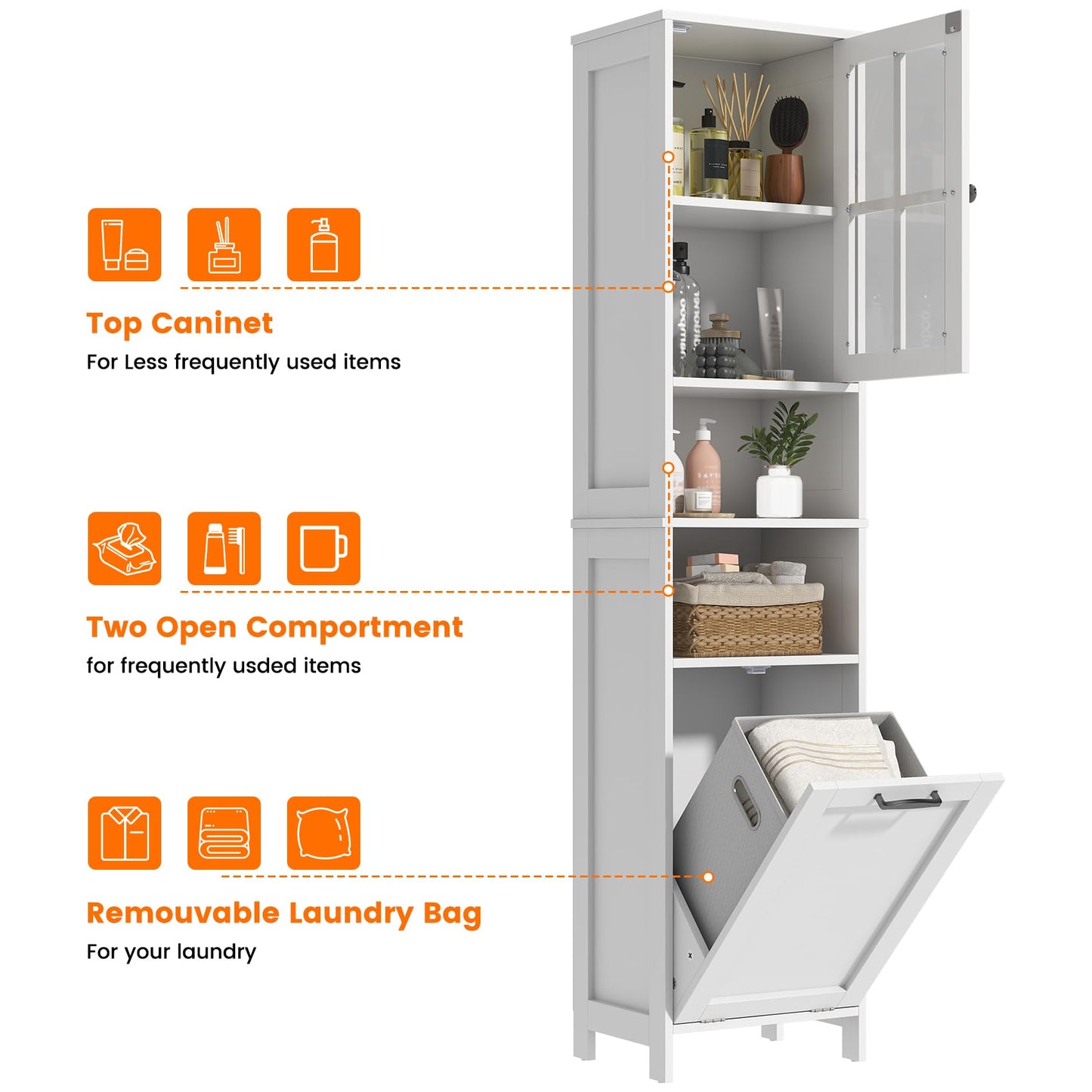 Feonase Tall Bathroom Cabinet with Removable Laundry Basket, Slim Freestanding Storage Organizer with Acrylic Door and 4 Shelves for Bathroom