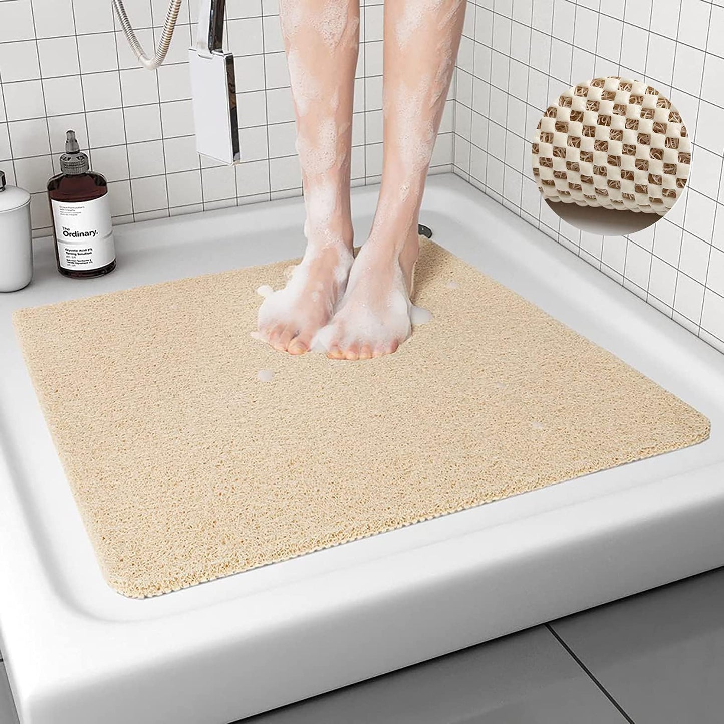 Shower Mat Non Slip Anti Mould: Bath Mats for Inside Bath- 53 x 53 cm Anti Slip Shower Mats for Inside Shower- Loofah Shower Mat Beige Square Washable