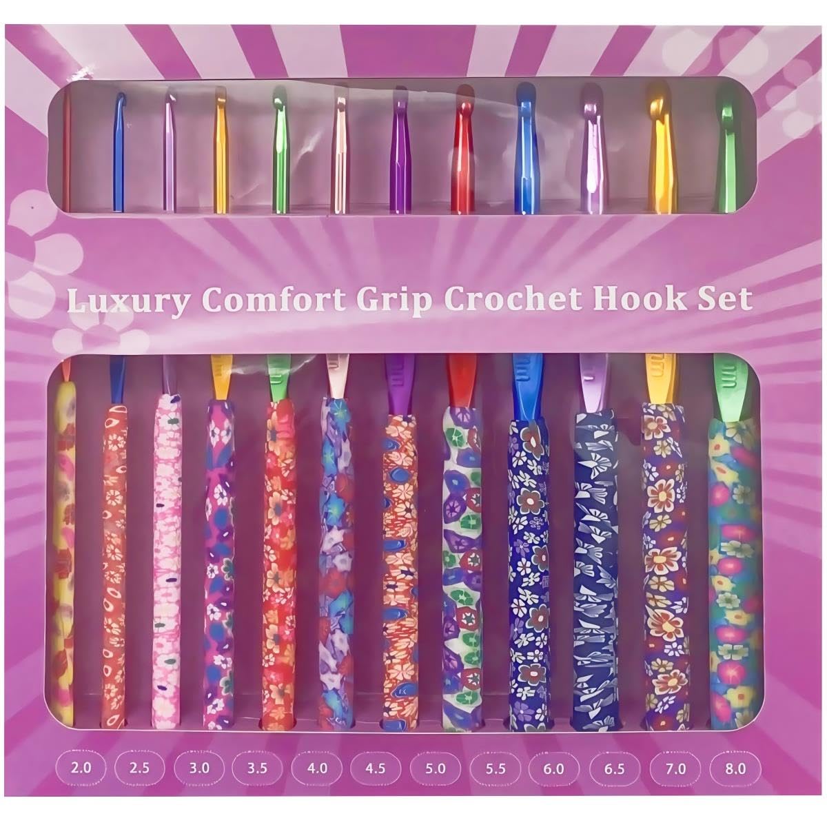 igadgitz home U7306 12-Piece Luxury Comfort Grip Patterned Crochet Hook Set 2-8mm, Cushioned, Comfort Grip, Ergonomic - Floret Pattern